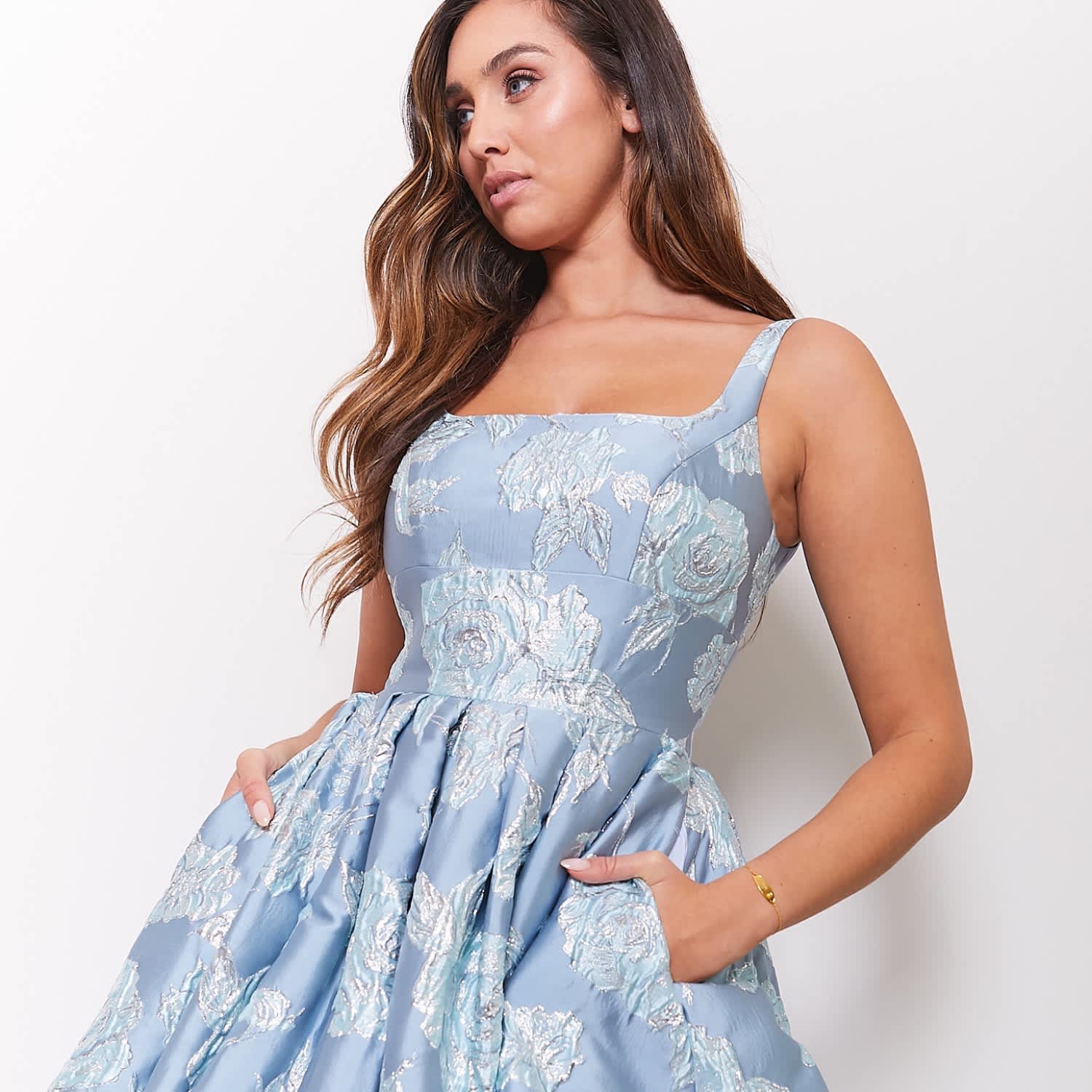 Marlowe Jacquard Floral Long Evening Dress In Blue | Dress 2 Party  