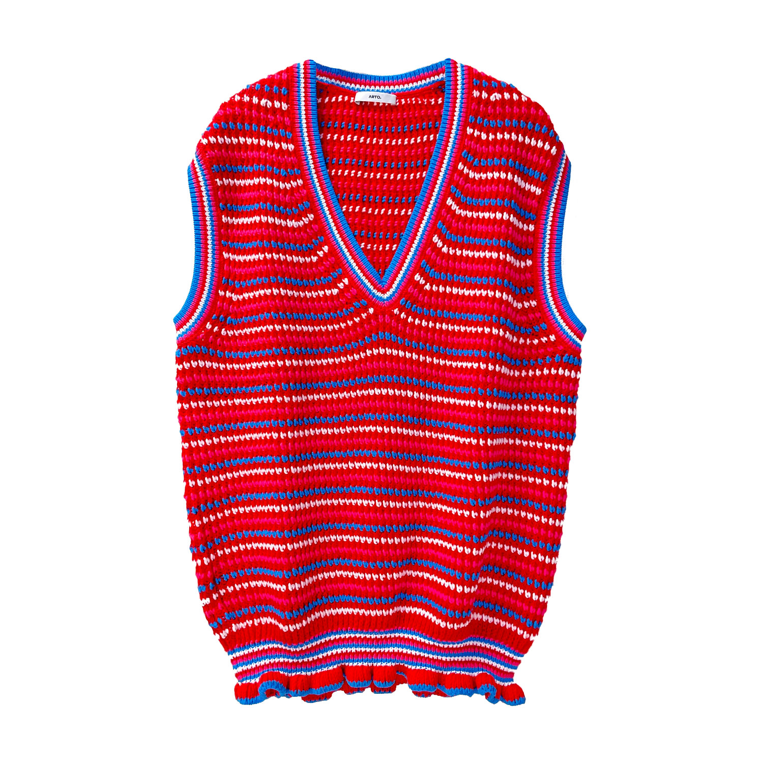 Arto. Women's Yeah! Cozy Wool Blend Ruffles Stripes Oversized Vest - Christmas Red