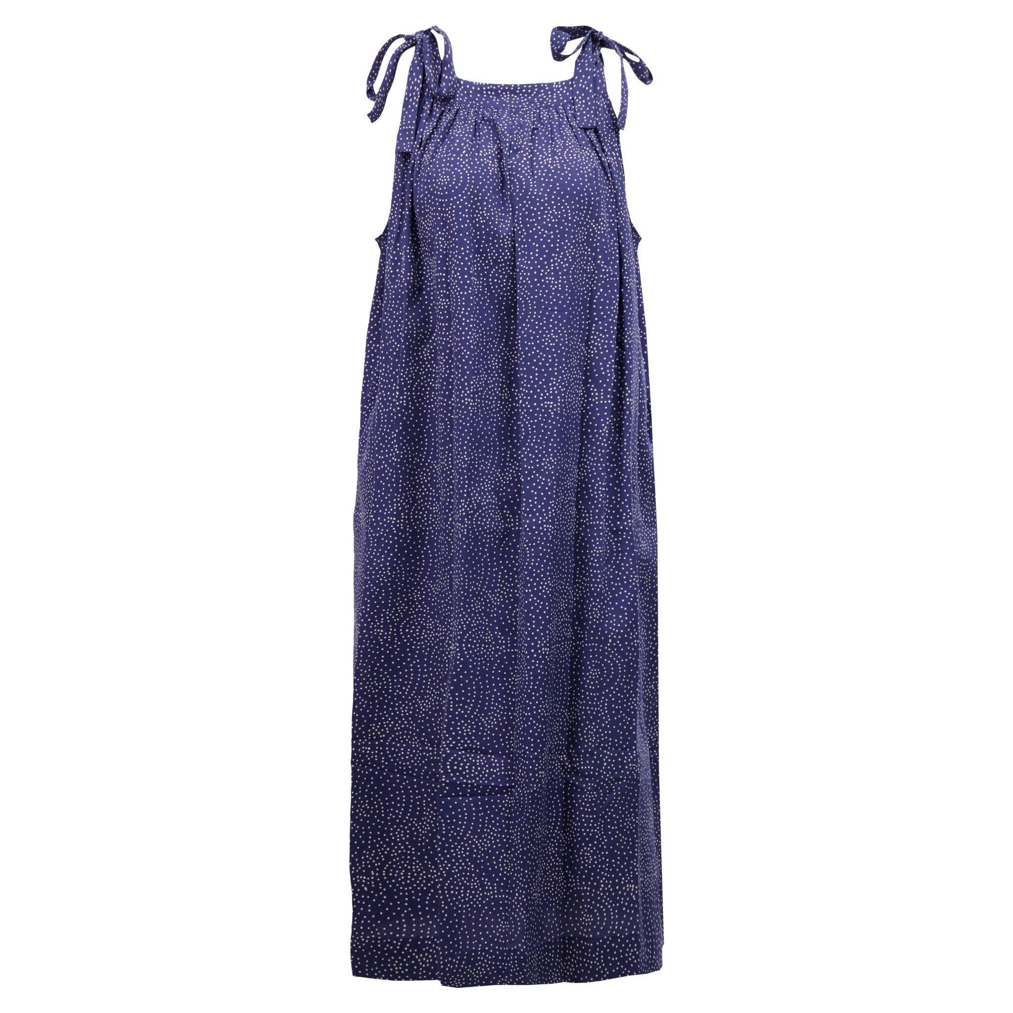 Women’s Blue / White Maxi Mimi Adjustable Shoulder Tie Organic Cotton Long Maxi Dress With Side Pockets In Midnight Navy And White Constellation Block Print One Size Kate Austin Designs