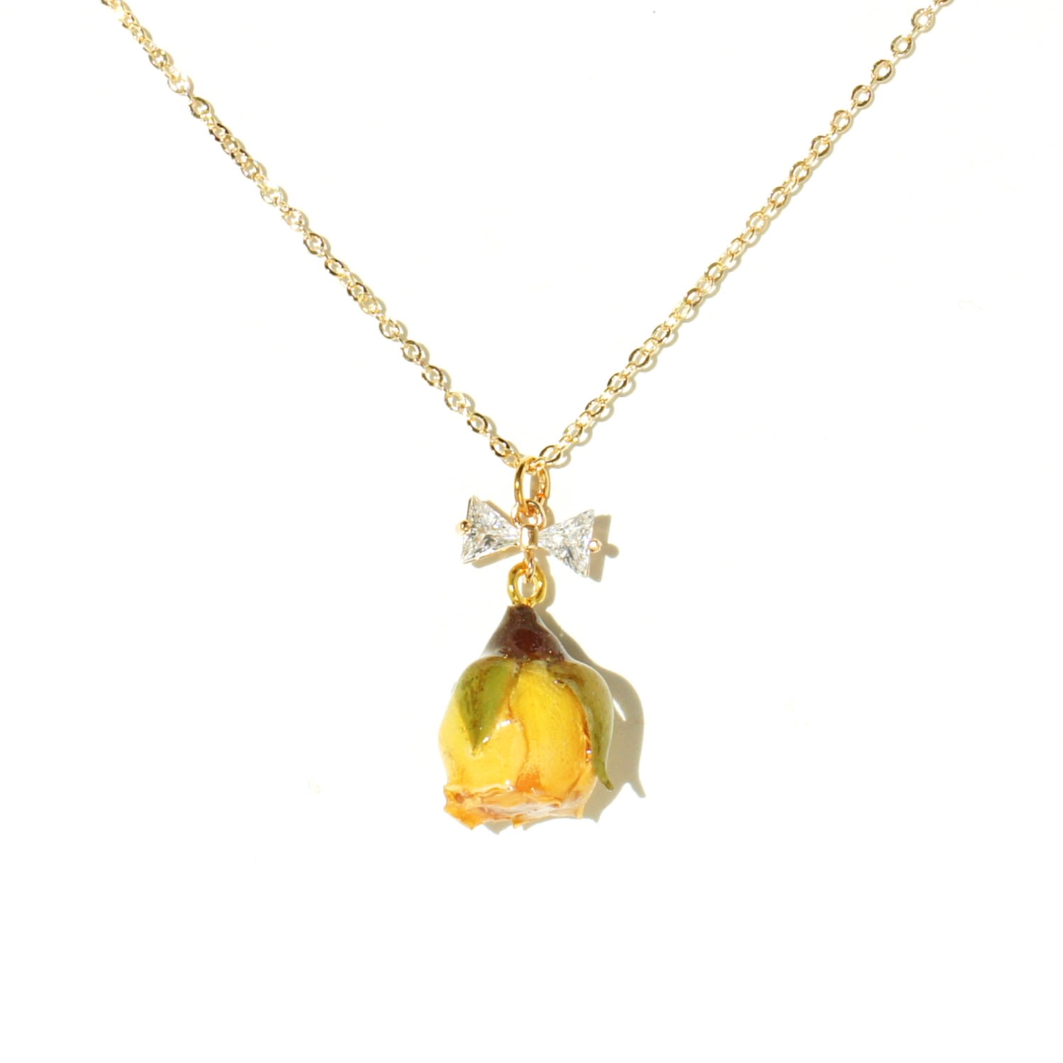 I'mmany London Women's Yellow / Orange Real Flower Rosa Brillante Yellow Rosebud Pendant Chain Necklace With Crysta
