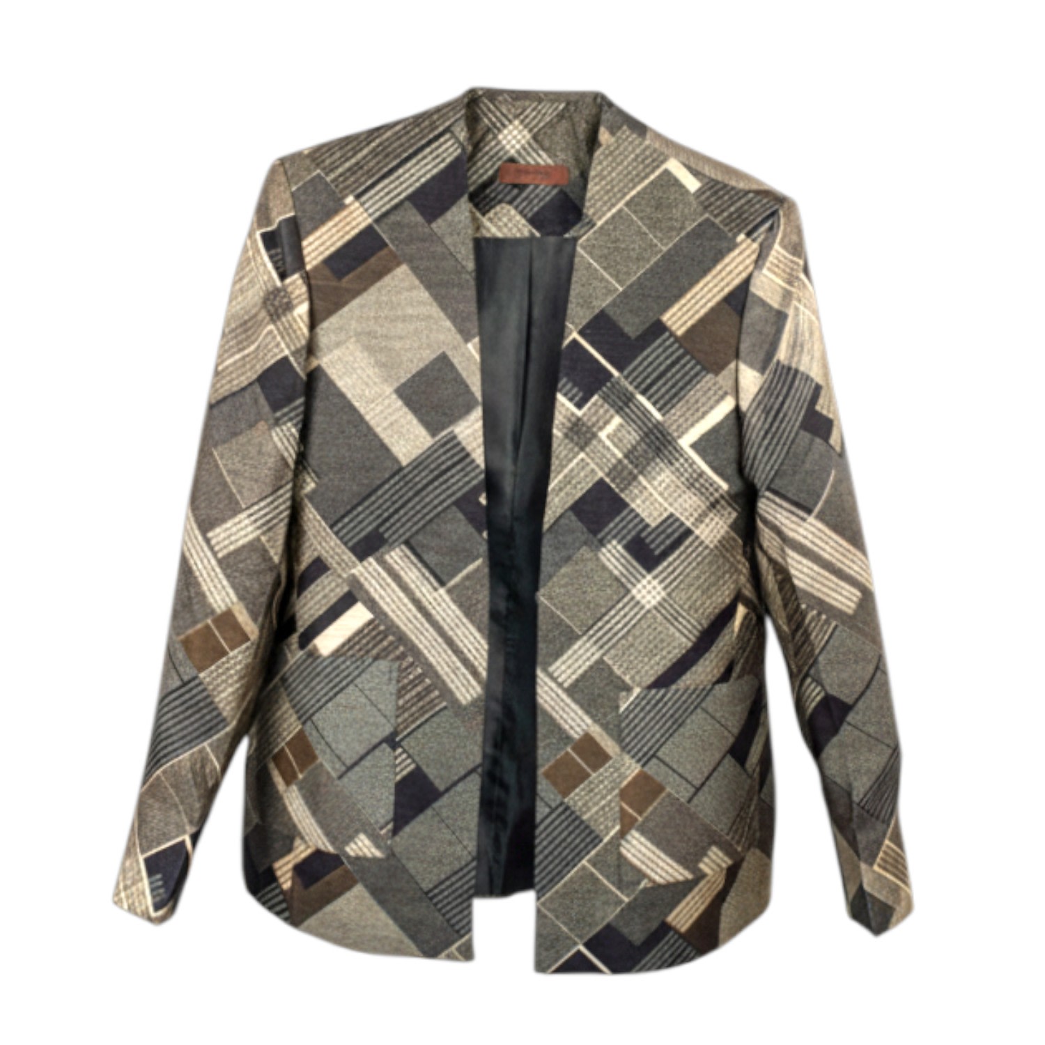 Stovaria Women's Gold / Black / Brown Unisex Lapel-free Blazer In Pure Tussar Silk With Graphic Checks In Multi