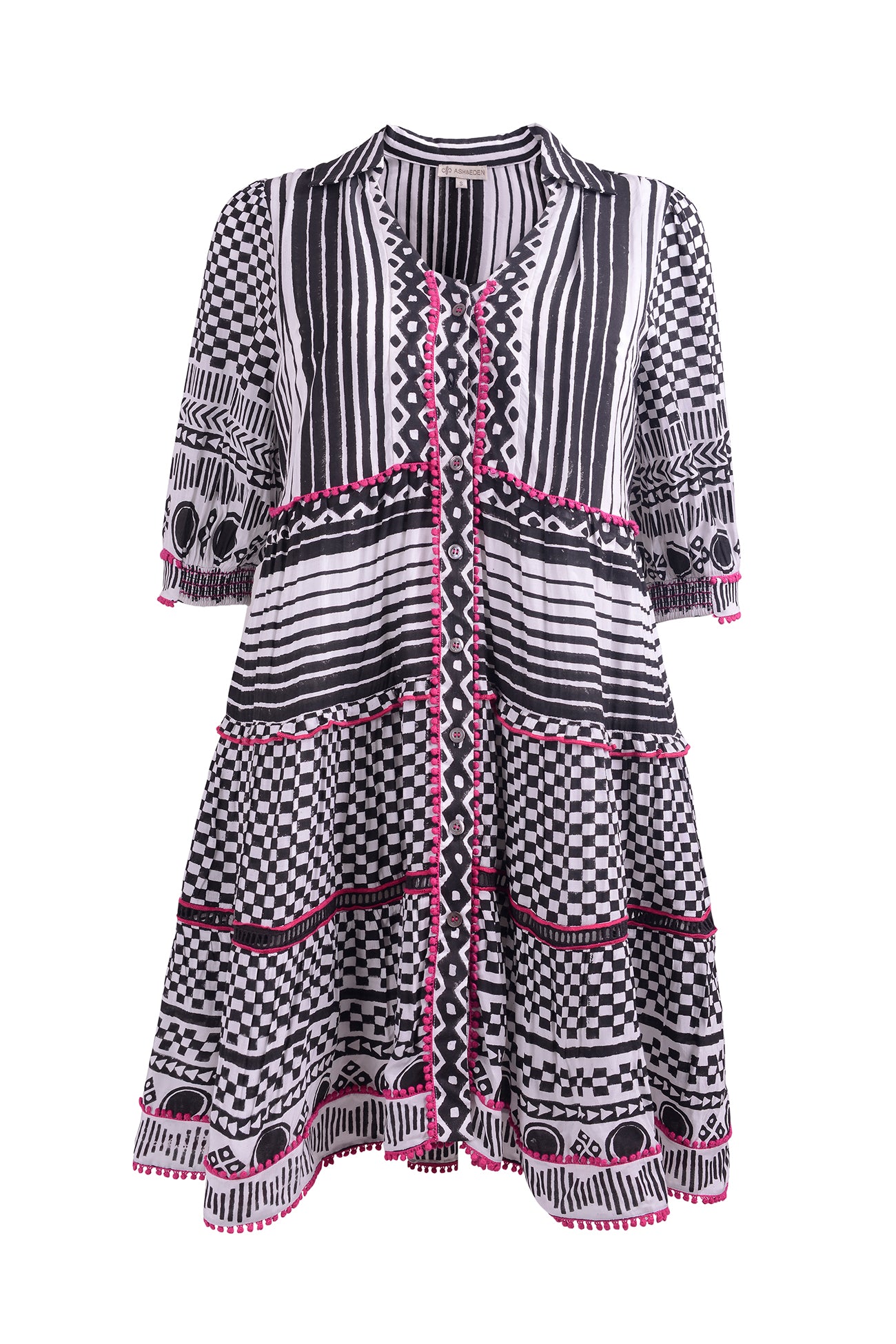 Ash & Eden Women's Black / White / Pink Ella - Hand Block Tiered Mini Dress With Collar In Black/white/pink