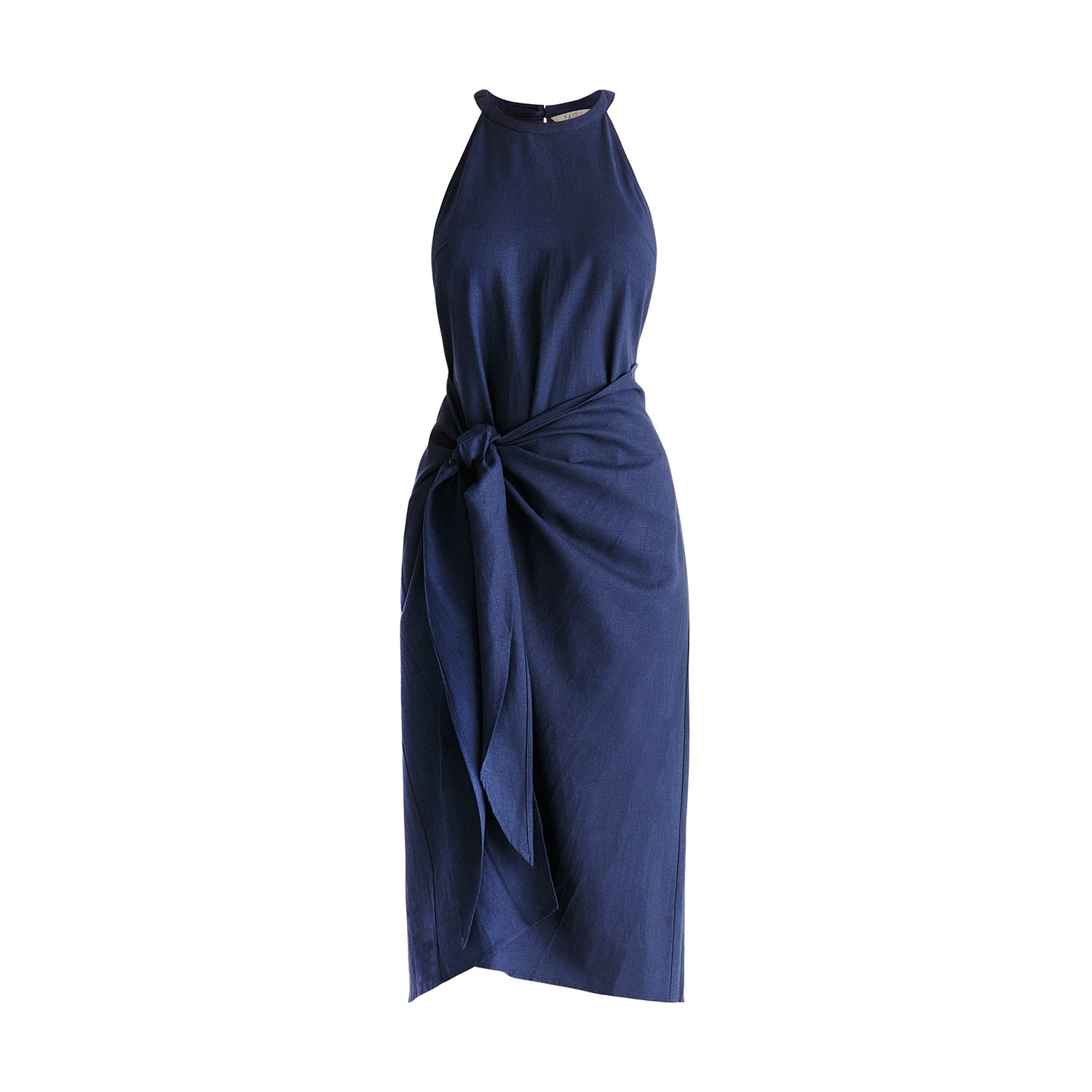 Women's Blue Linen Blend Waist Tie Dress In Navy | XXL | Paisie