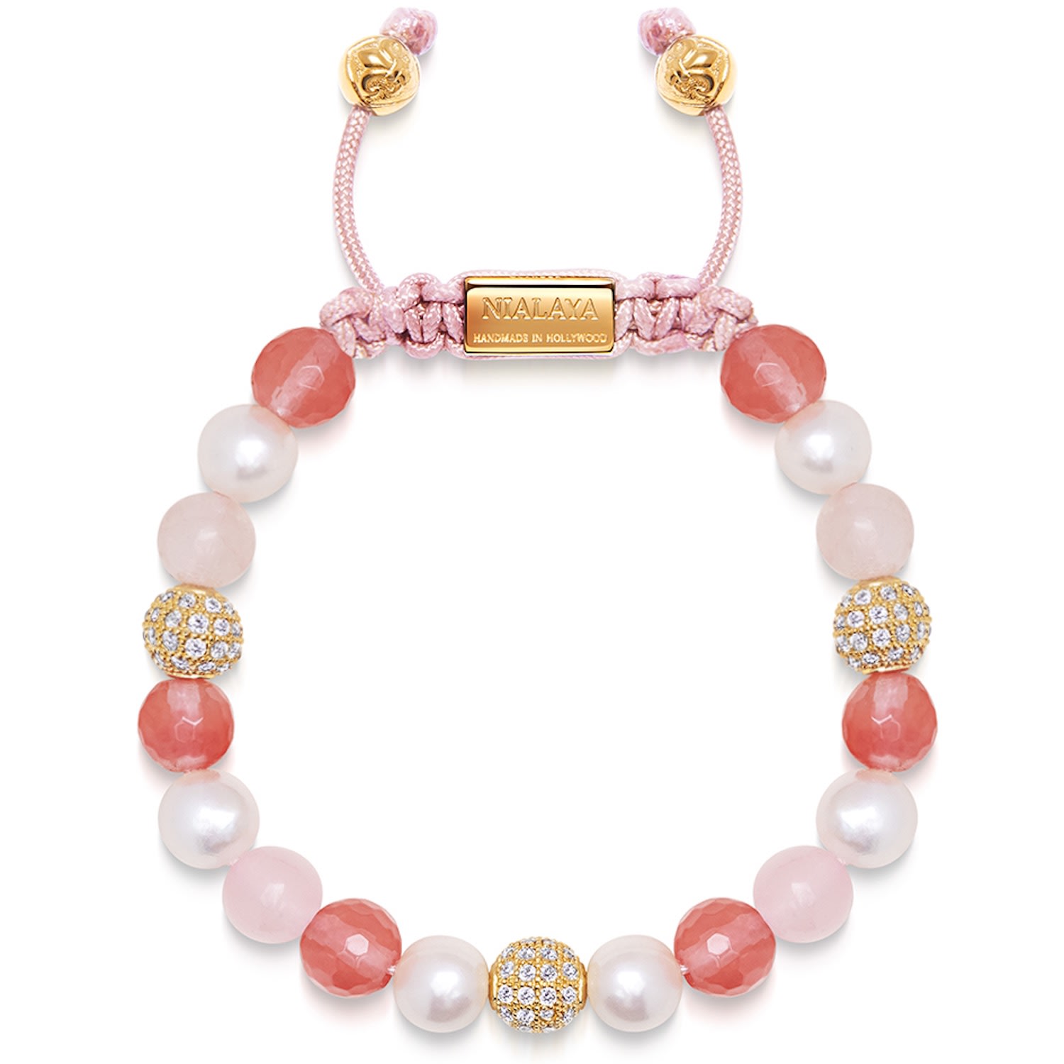 Pink / Purple / Gold Women’s Beaded Bracelet With Pearl, Rose Quartz, Cherry Quartz And Gold Nialaya