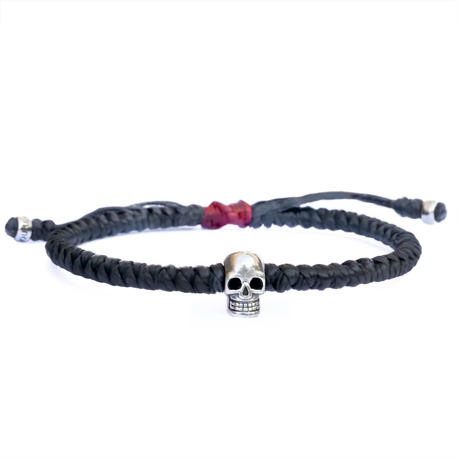 Black / Red Skull Silver Bracelet For Men - Black & Red Handmade Rope - Biker Harbour Uk Bracelets