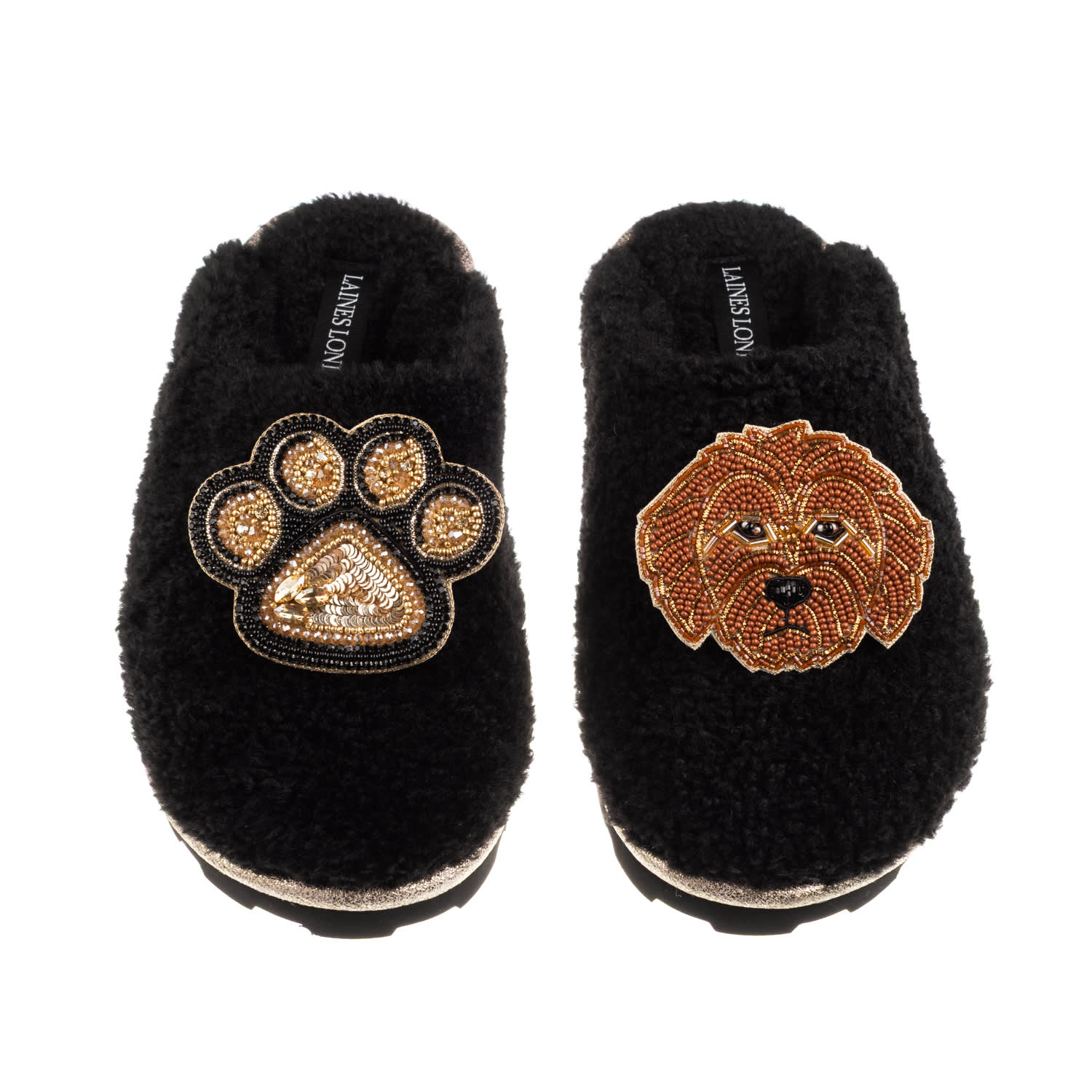 Laines London Women's Teddy Closed Toe Slippers With Paw & Apricot Cockapoo Brooches - Black In Black