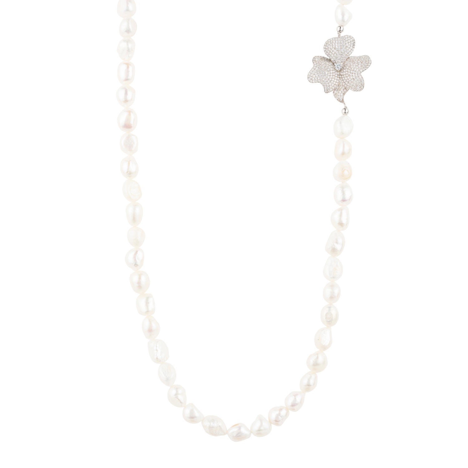 Women’s Silver / White Flower Pearl Gemstone Long Necklace White Cz Silver Latelita