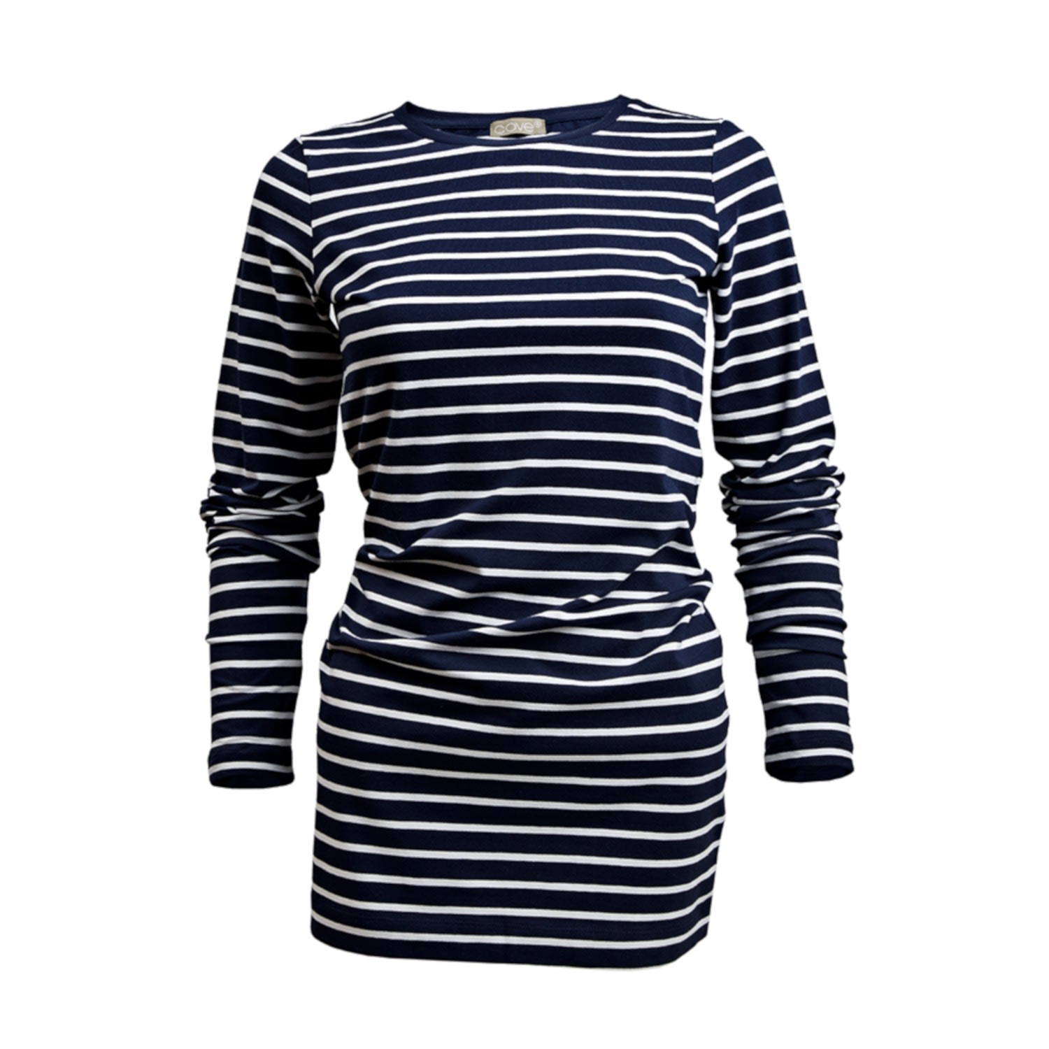 Cove Women's Blue Long Length Cotton Navy & White Stripe Tee