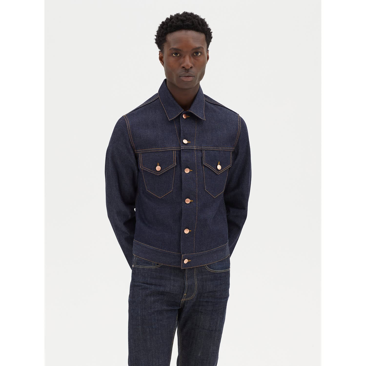 Men's Denim Trucker Jacket In Raw Indigo Selvedge | Hegarty | Wolf