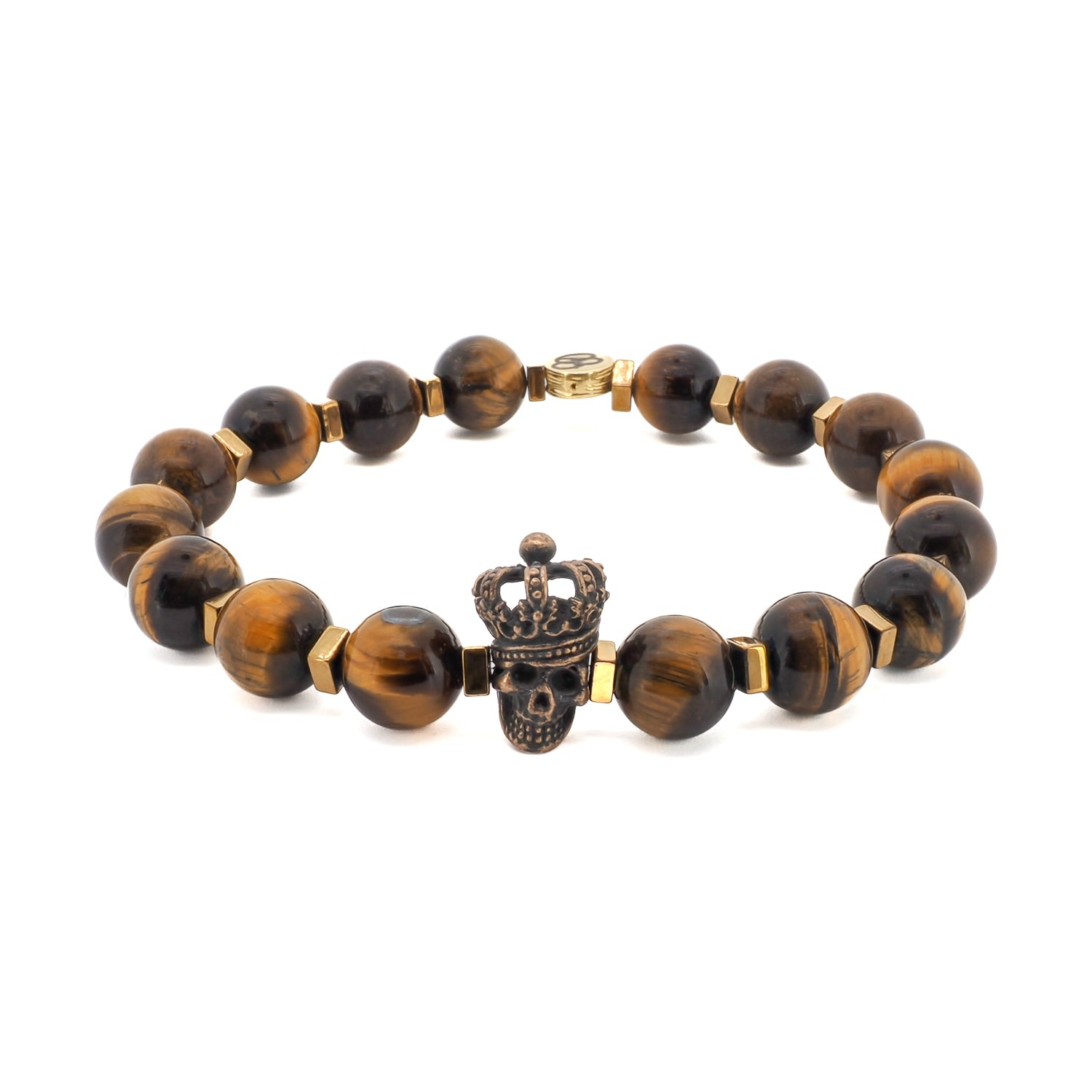 Men’s Brown / Gold Tiger’s Eye Stone Beaded King Skull Charm Bracelet - Brown Ebru Jewelry