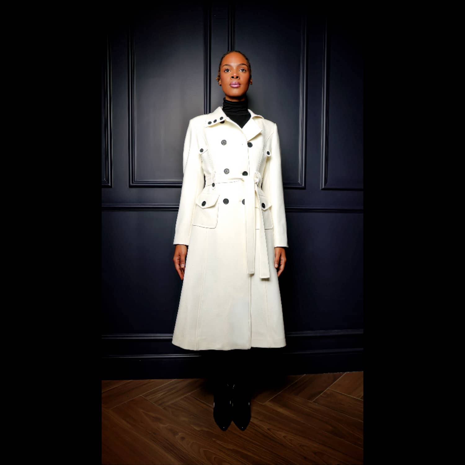 Winter White, Double-Breasted, Belted Trench Coat With High