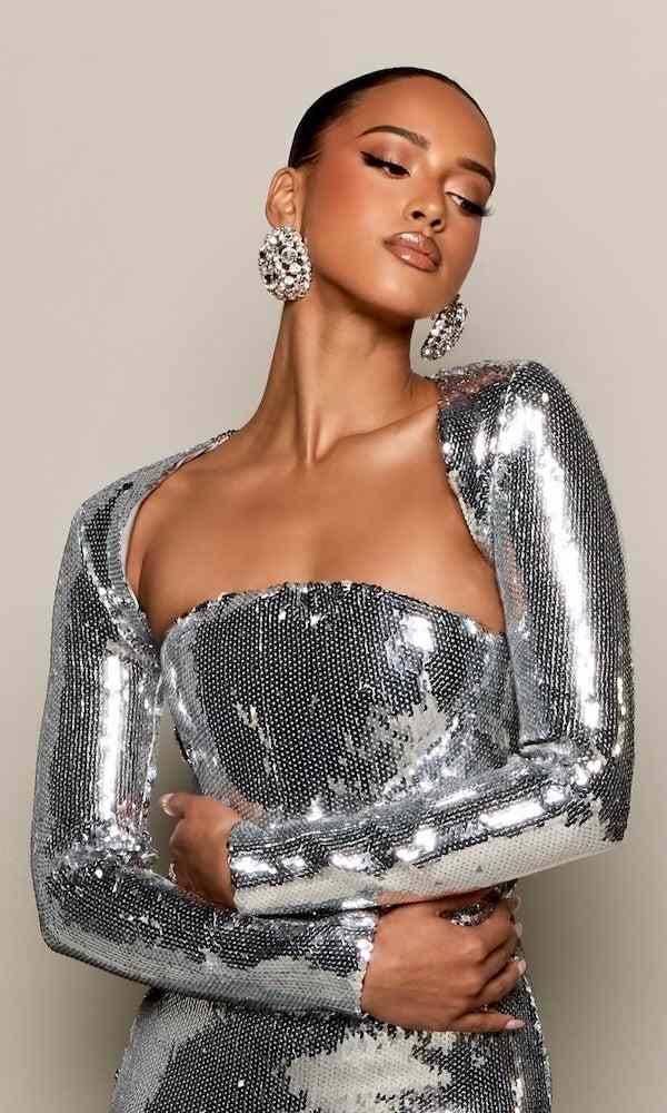 knee length dresses for ladies Anya Jacket in Silver – Shibumi