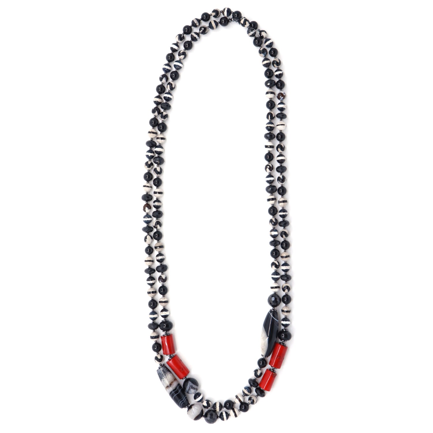 Women’s Black / Red / White Black Tourmaline, Tibetan Agates & Red Coral Beaded Wrap Necklace Shar Oke