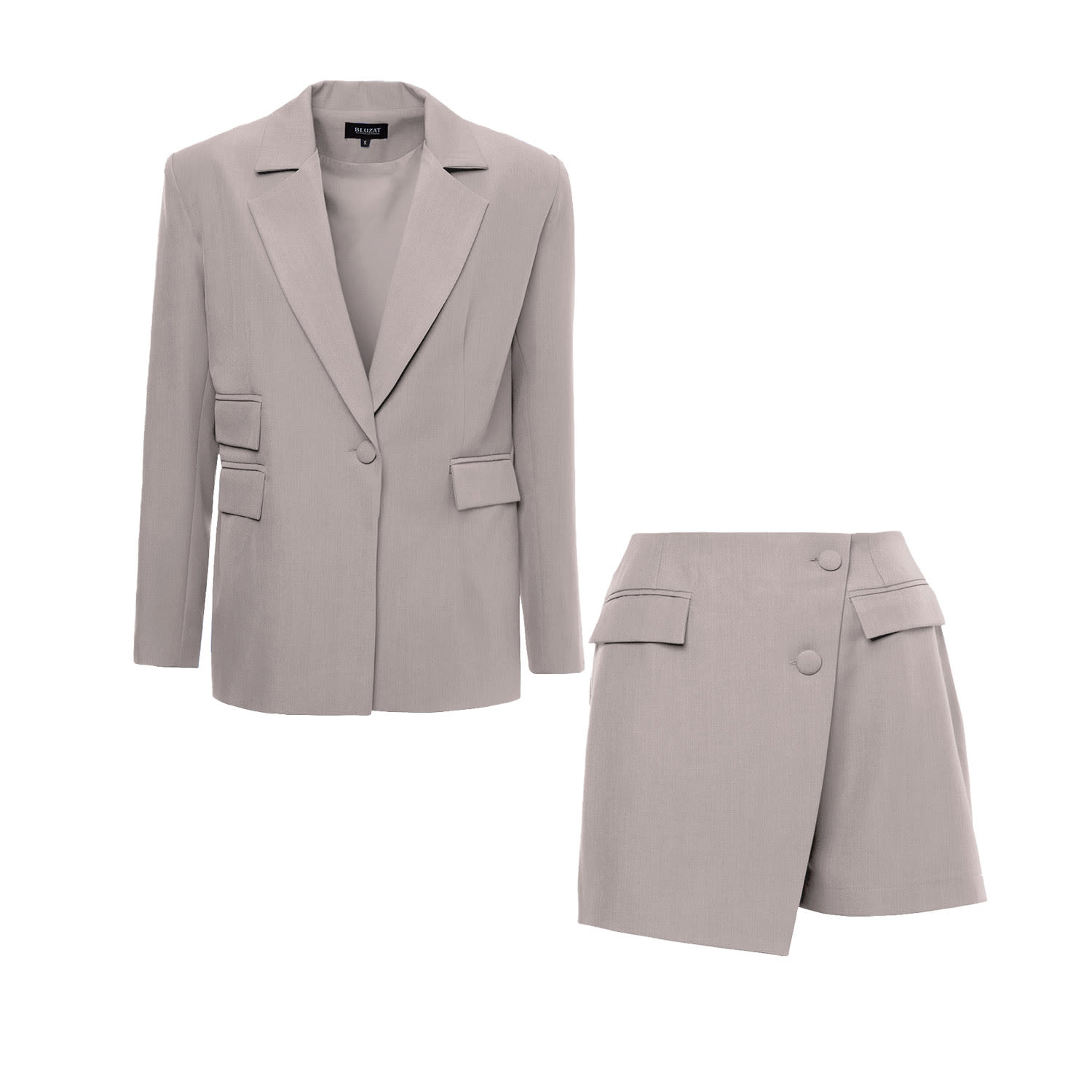 Bluzat Women's Neutrals Beige Suit With Regular Blazer With Double Pocket And Skort In Beige