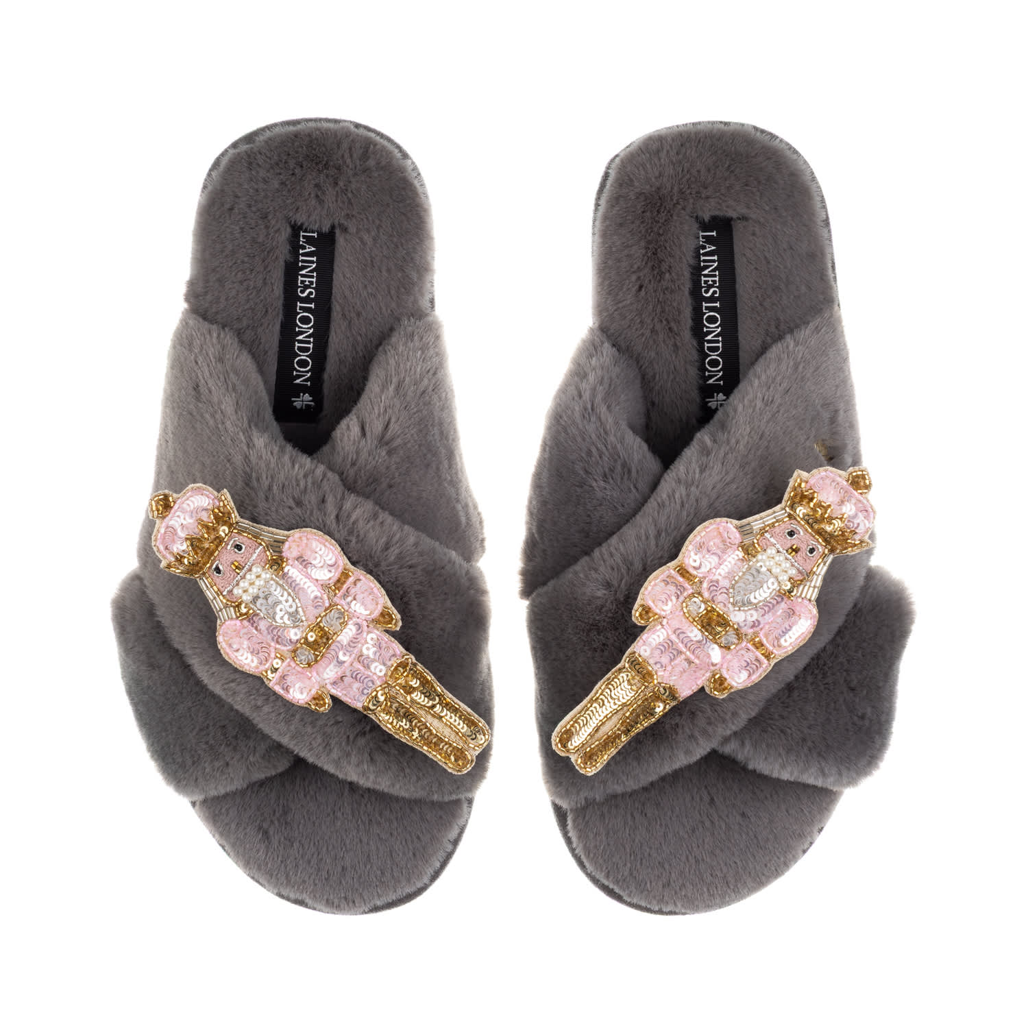Laines London Women's Classic Laines Christmas Collection Slippers With Double Pink Grand Nutcrackers Brooches - G In Gray