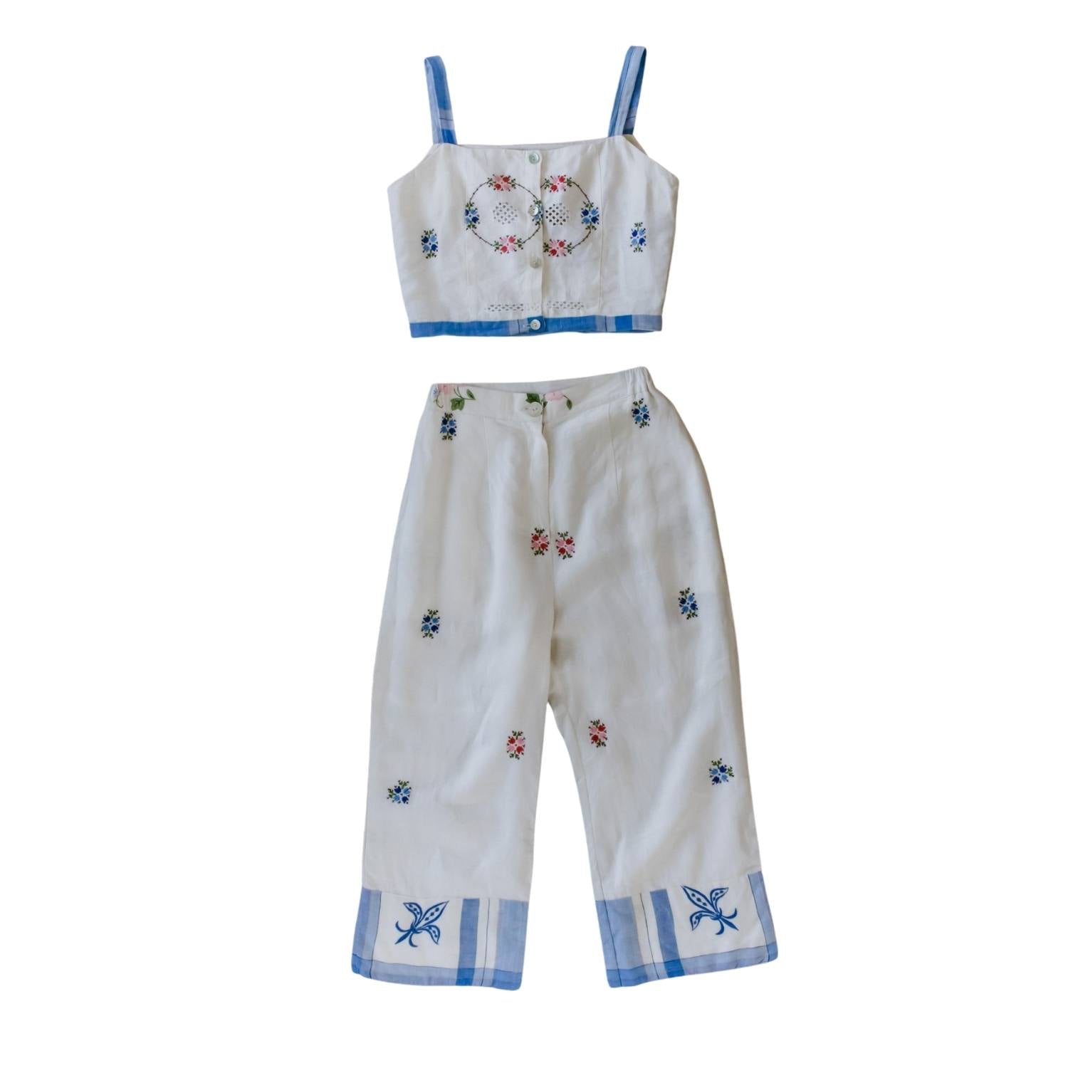 Women’s White Summer Blue Embroidered Floral Crop Top With Straps & Pant Set Medium Sugar Cream Vintage