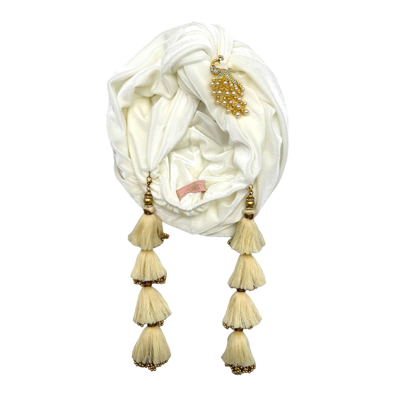 Julia Clancey Women's Neutrals Ivory & Gold Peacock Dorado Velour Turban In White/yellow