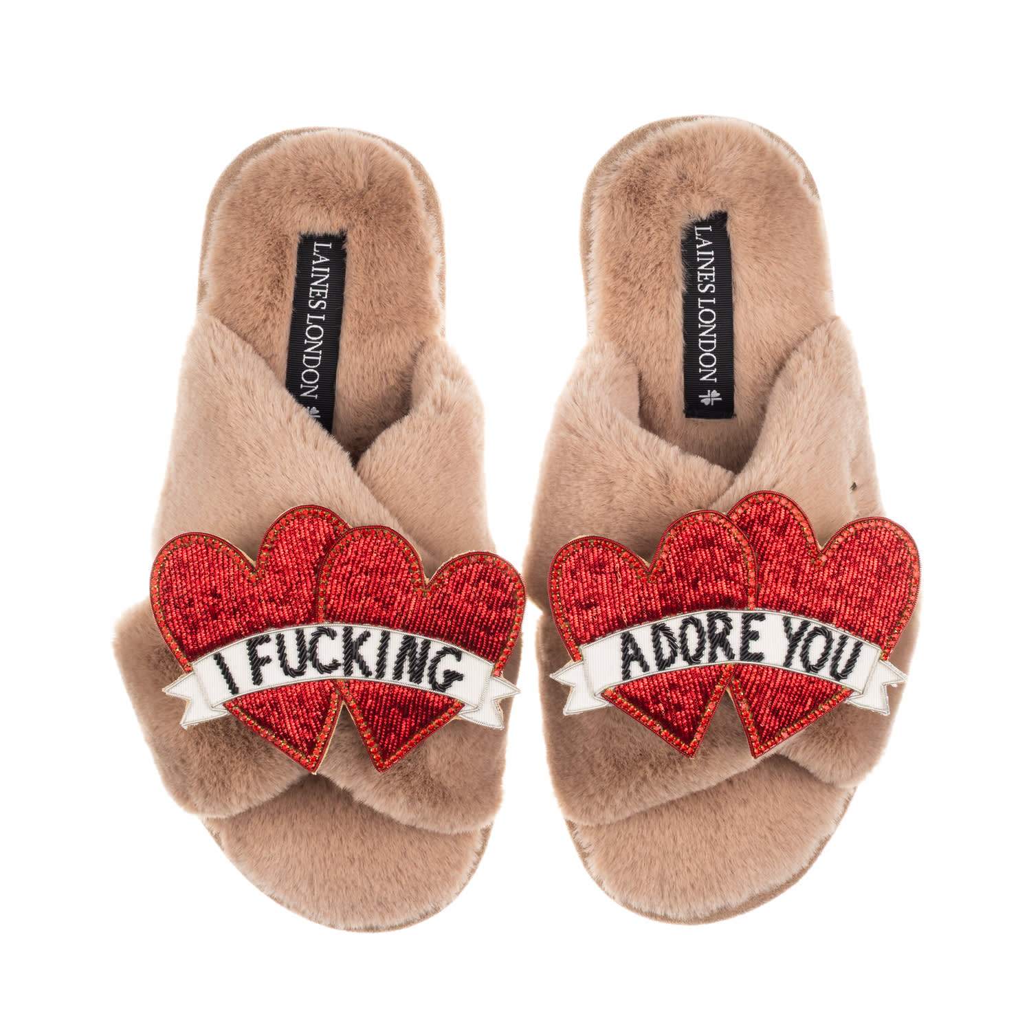 Laines London Women's Brown / Neutrals Classic Laines Slippers With I Fucking Adore You Brooches - Toffee In Brown