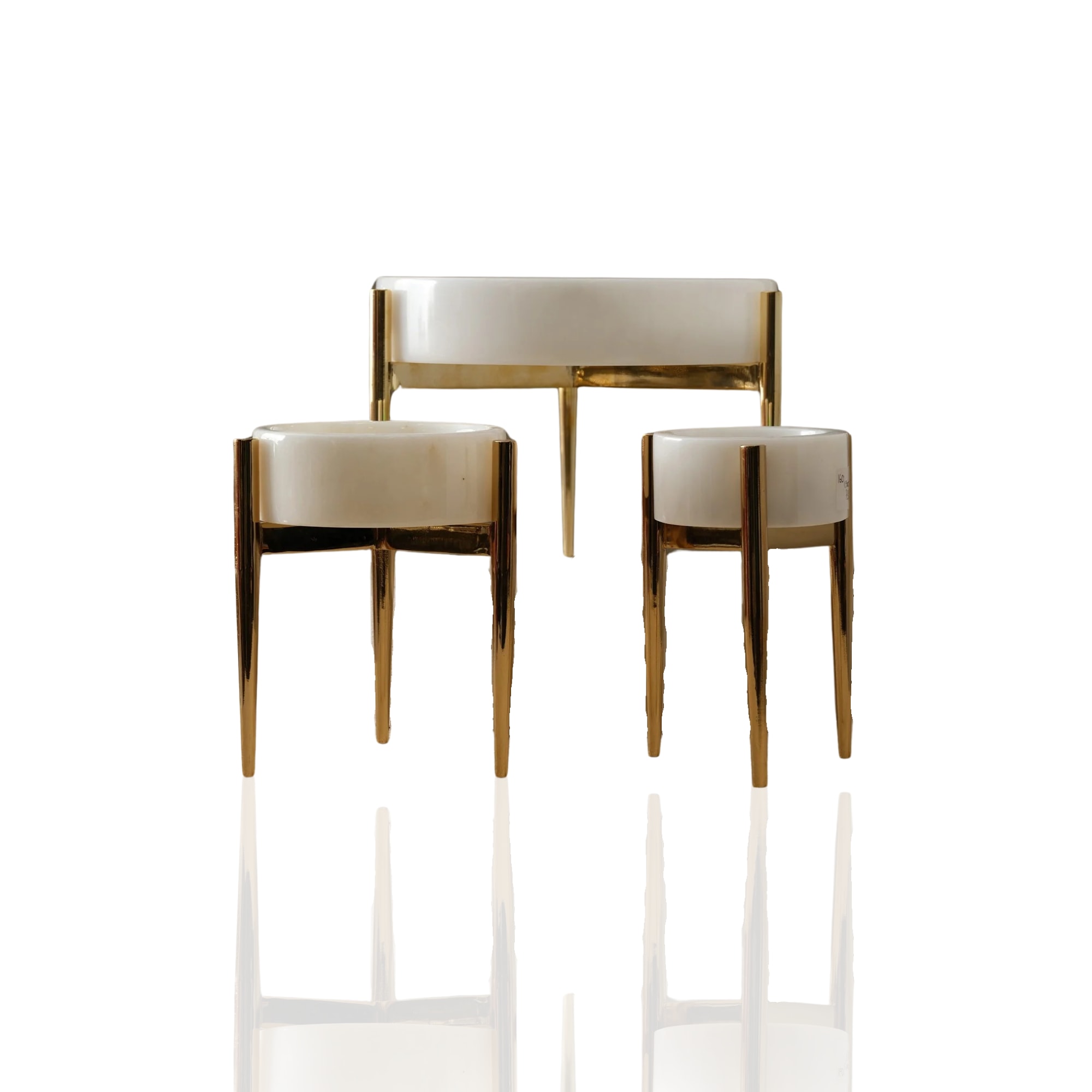 Marleth Gold / White Set Of Three White Marble Serving Bowls With Brass Stands