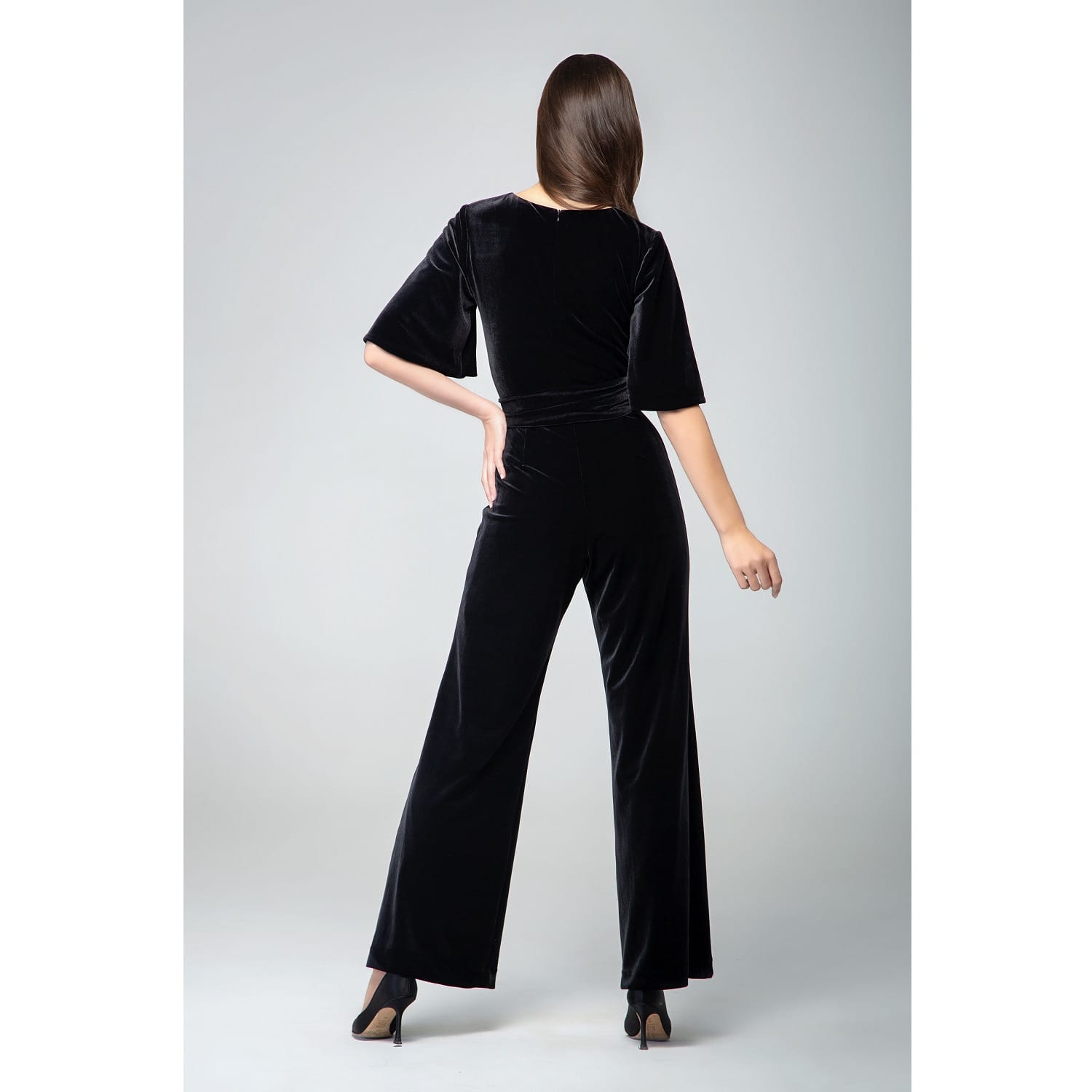 Layla Velvet Jumpsuit With Bell Sleeves & Sash In Black | Rumour