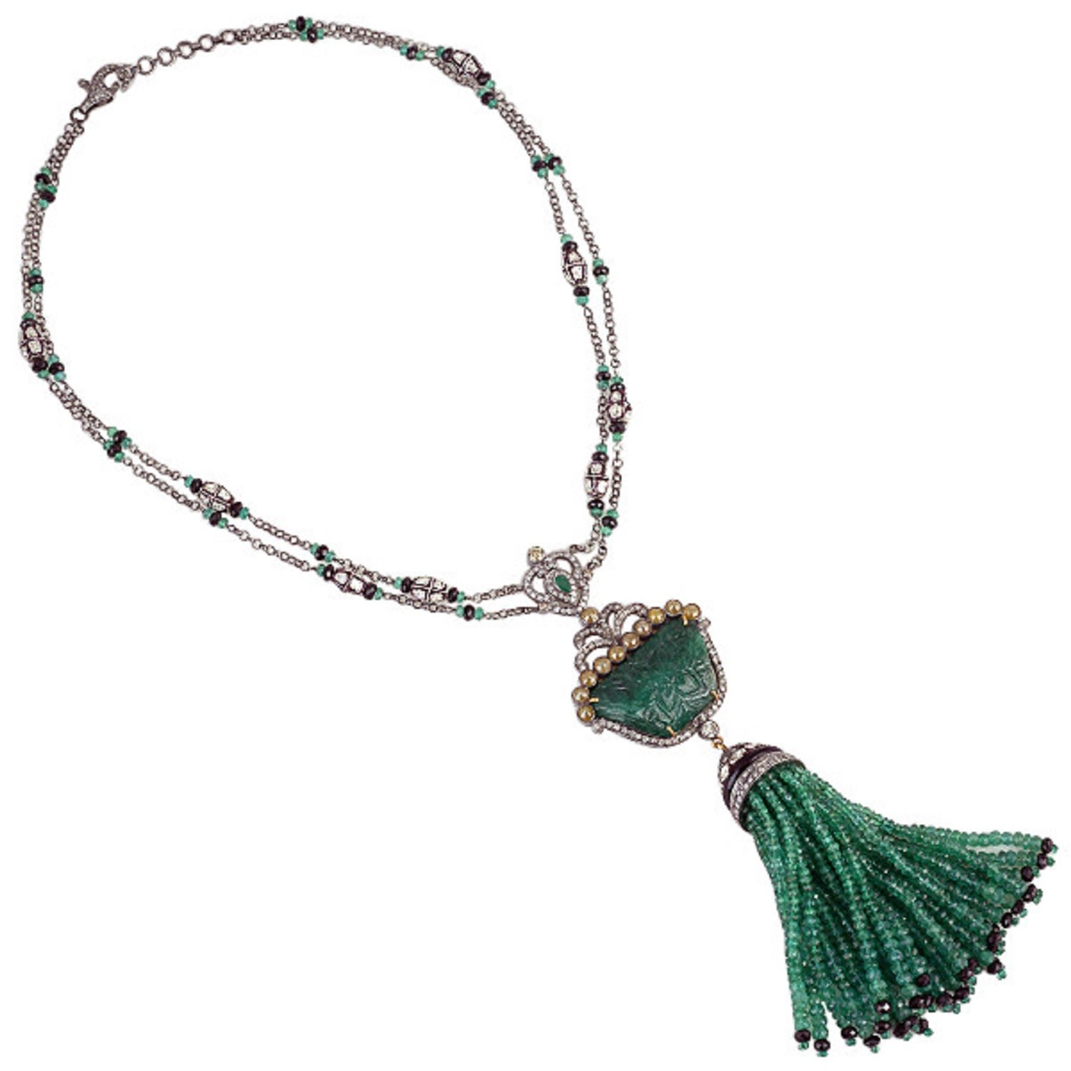 Women’s Silver / White / Green Onyx Spinal Emerald Beads Diamond Tassel Necklace 18K Gold 925 Sterling Silver Jewelry Artisan