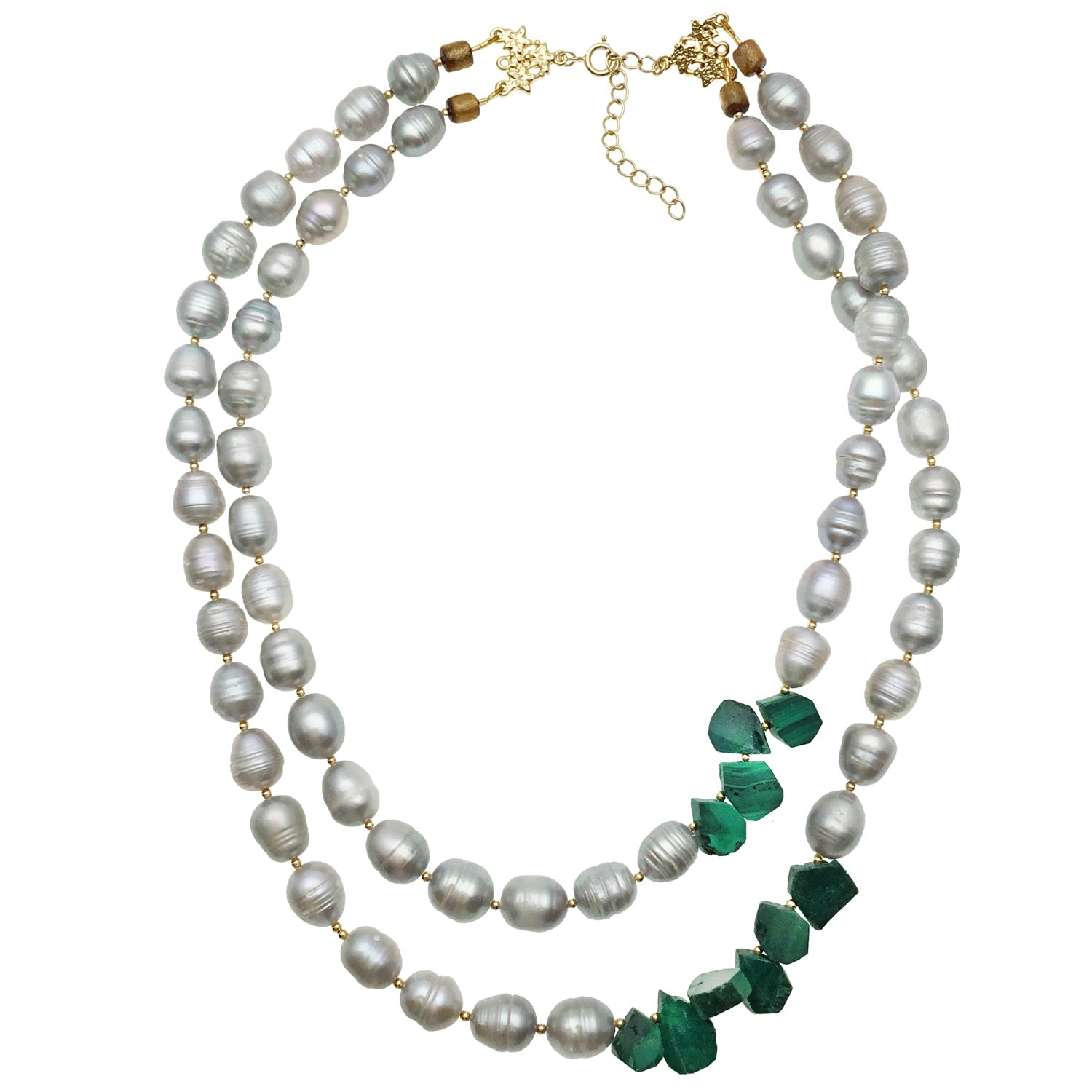Farra Women's Green / Grey Gray Freshwater Pearls With Malachite Double Strands Necklace In Multi