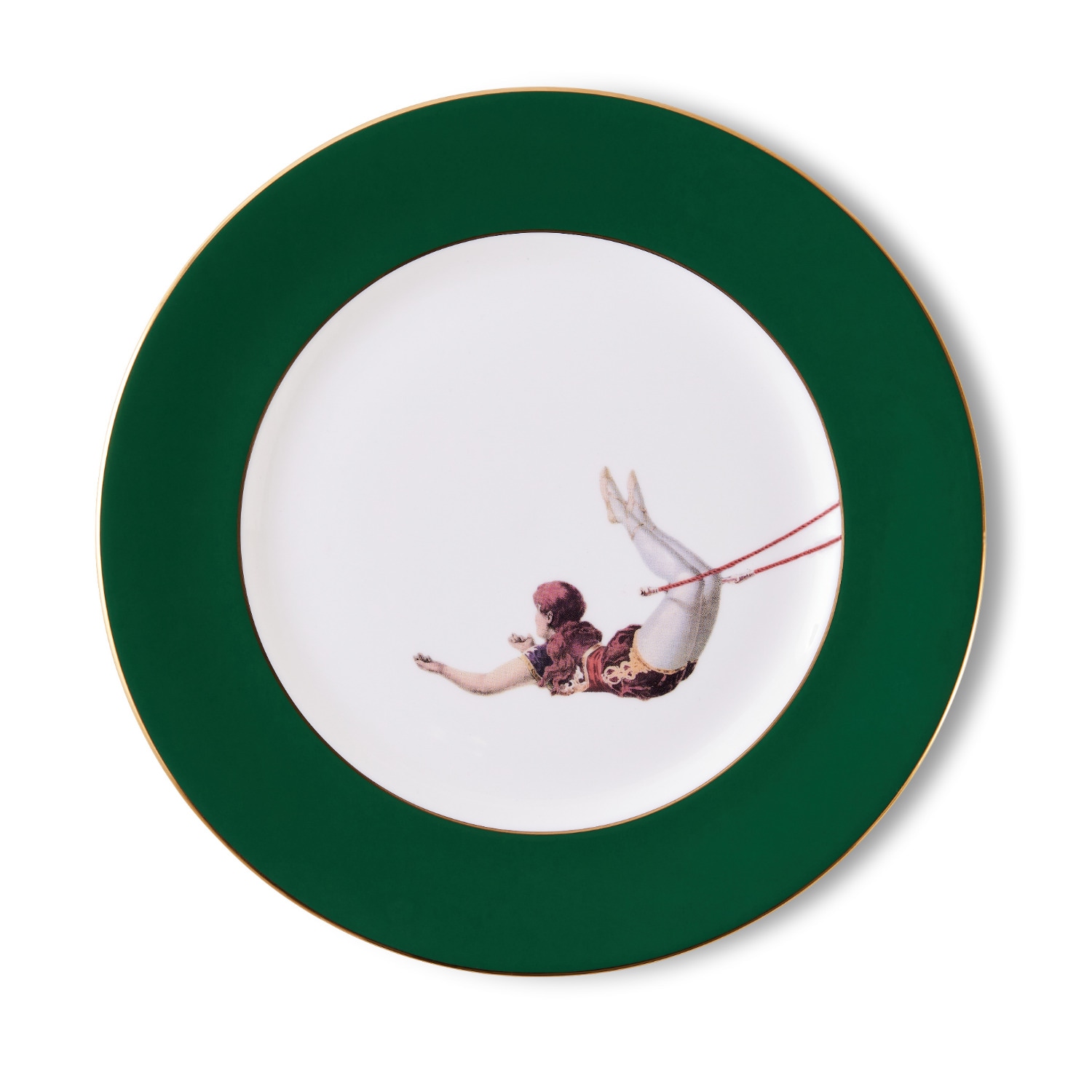 Melody Rose London Gold / Green / White Trapeze Girl Forest Green Dinner Plate In Green