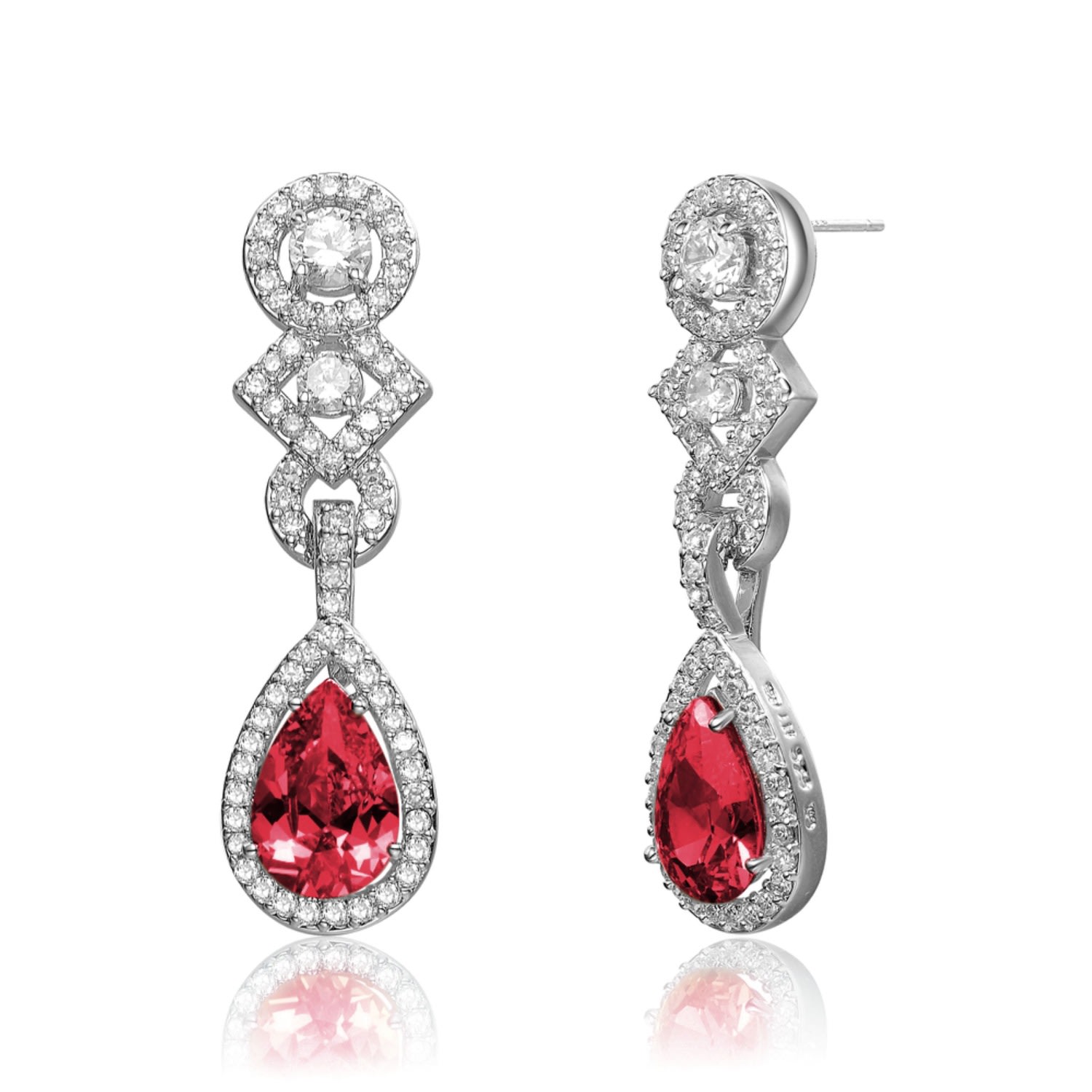 Women’s Cubic Zirconia Sterling Silver Red And Clear Cubic Zirconia Dangle Earrings Genevive Jewelry