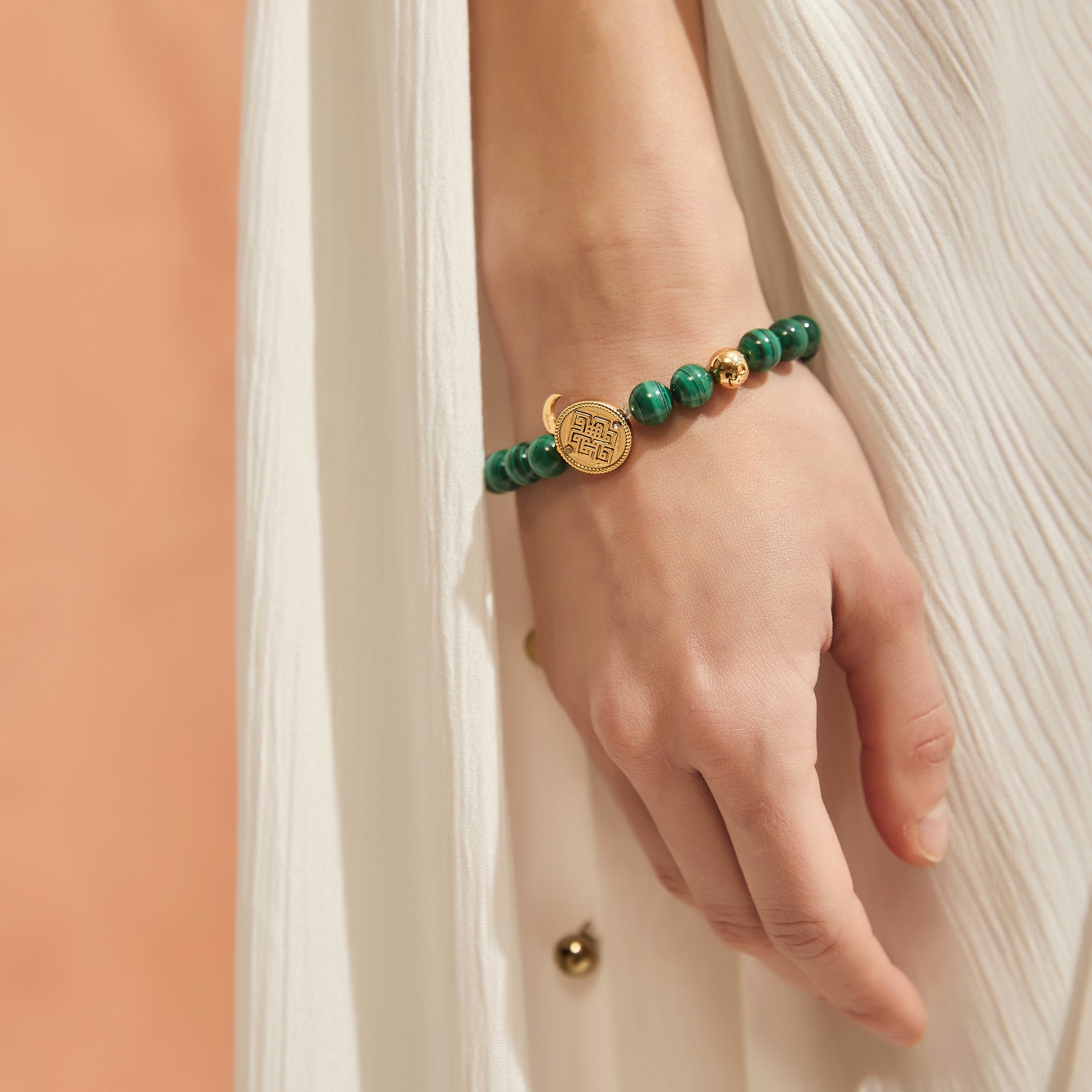 Aurozia Women's Gold / Silver Three Charms Sundial & Lotus & The Endless Love Knot Malachite Beaded Bracelet In Green