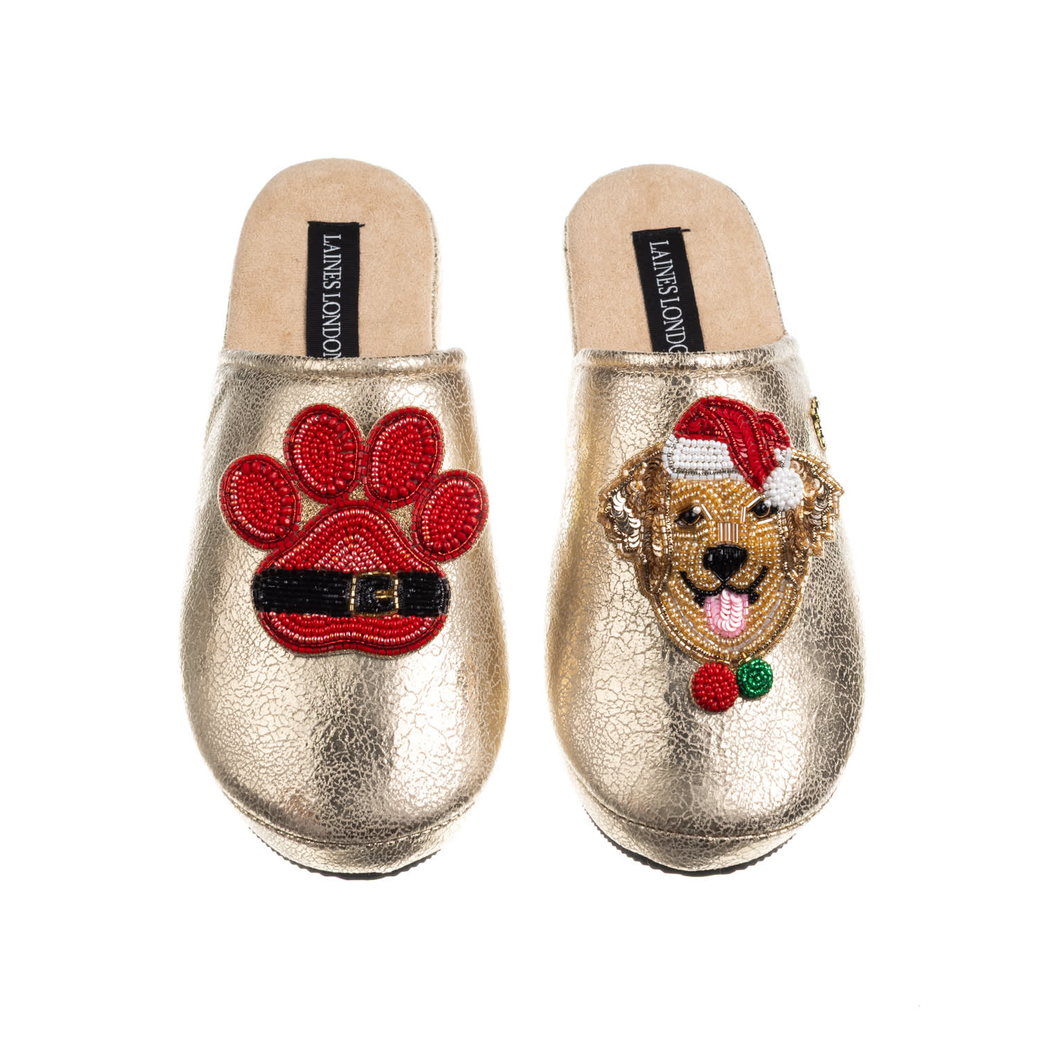 Laines London Women's Gold Softie Slippers With Christmas Golden Retriever & Paw Brooches In Gold