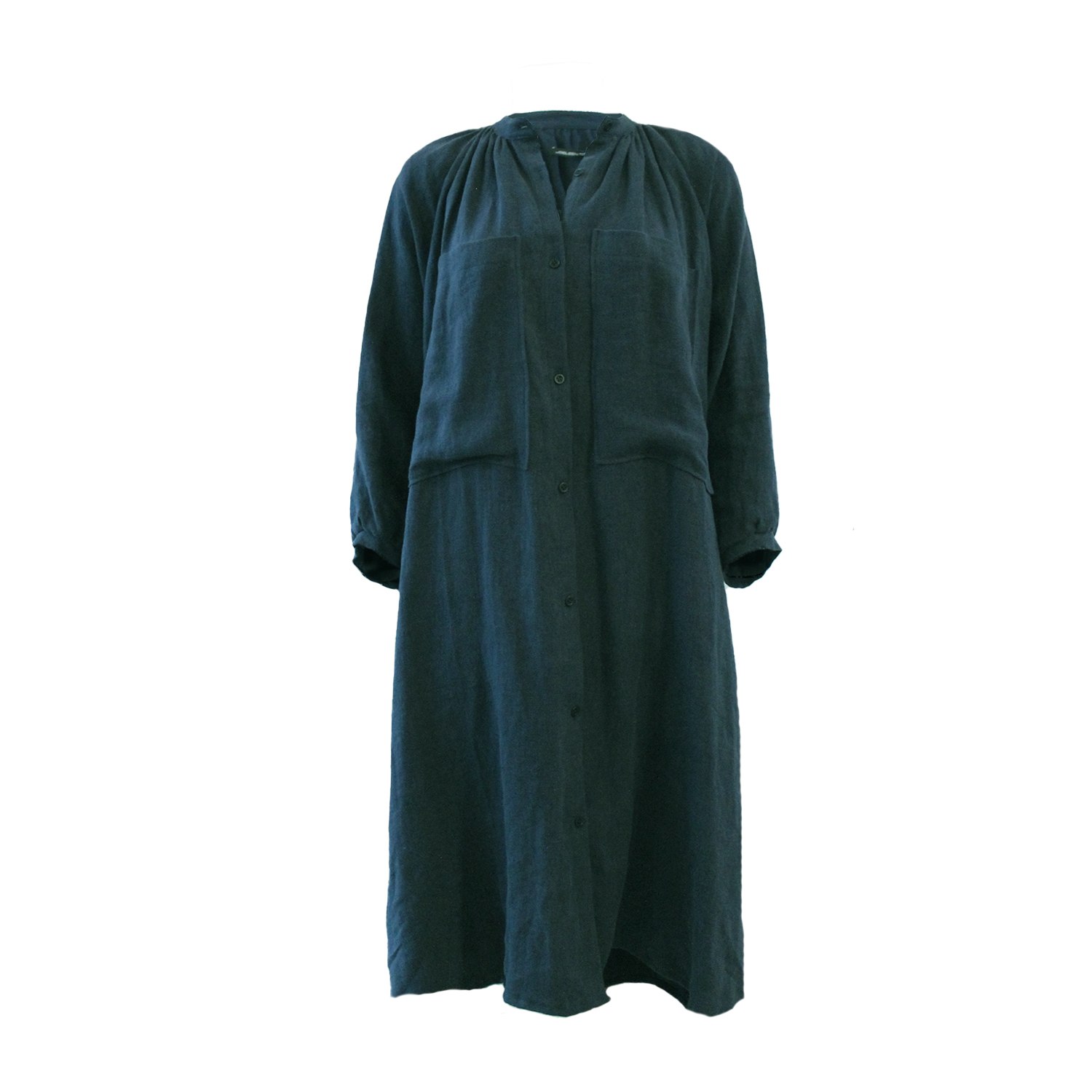 Women’s Blue / Green Gathered Linen Midi Shirt Dress - Jewel Large Joeleen Torvick