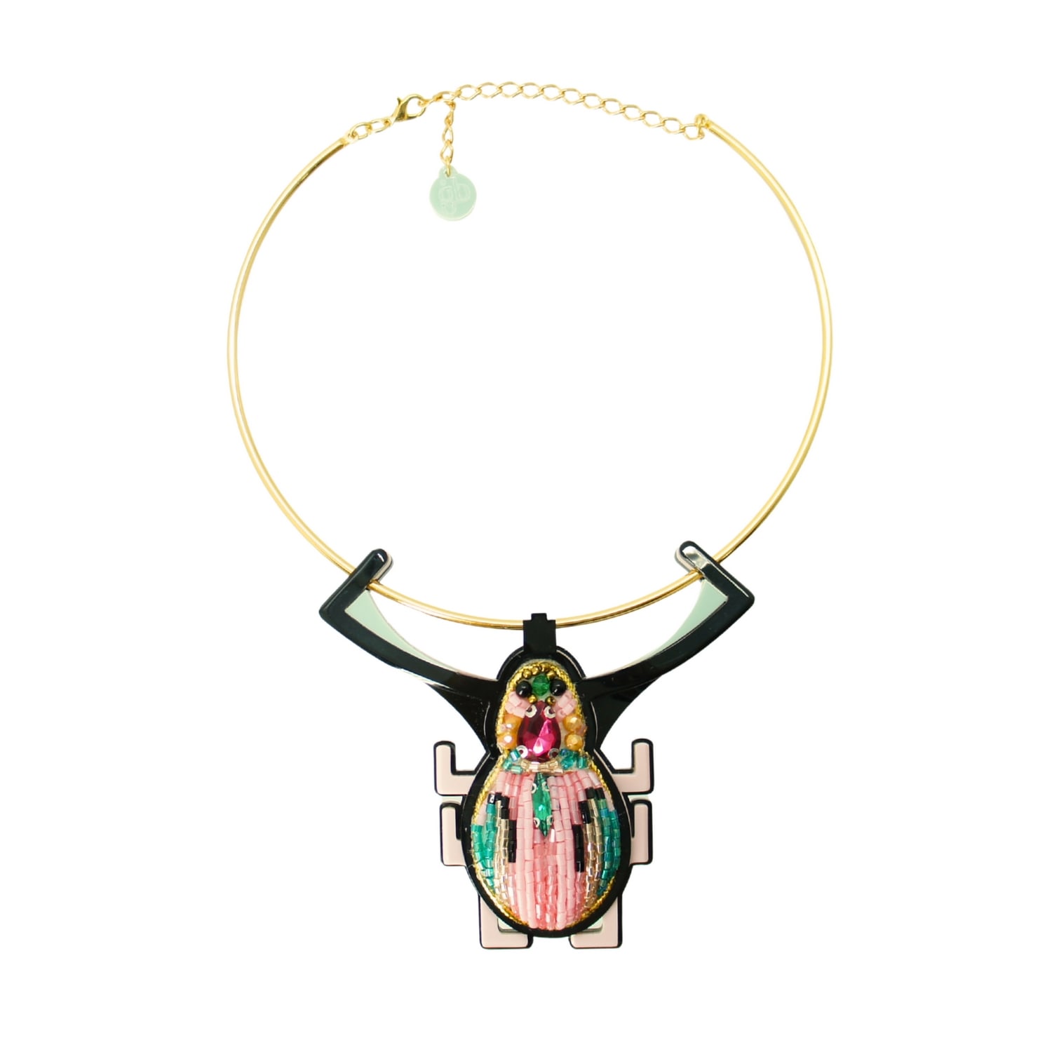 Gissa Bicalho Women's Pink / Black Handmade Acrylic Necklace Scarab Embroidered Candy Pink In Gold