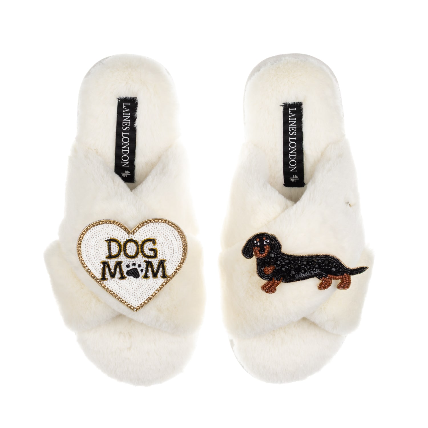 Laines London Women's Neutrals / White Classic Laines Slippers With Dog Mum/mom & Black & Tan Dachshund Brooches - In Neutral