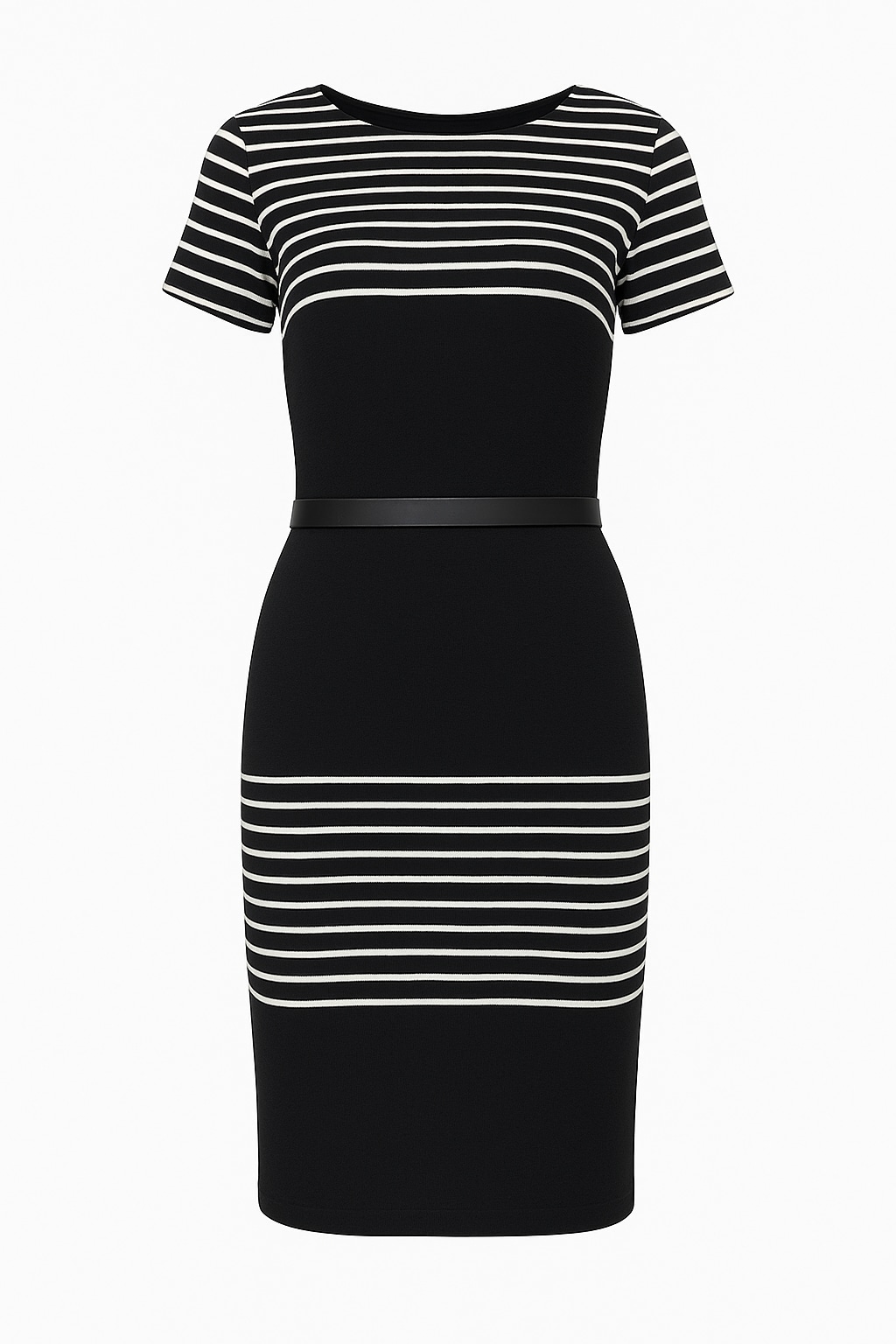 Conquista Women's Black Fitted Lightweight Lined Midi Dress With Stripes & Faux Leather Detail In Black