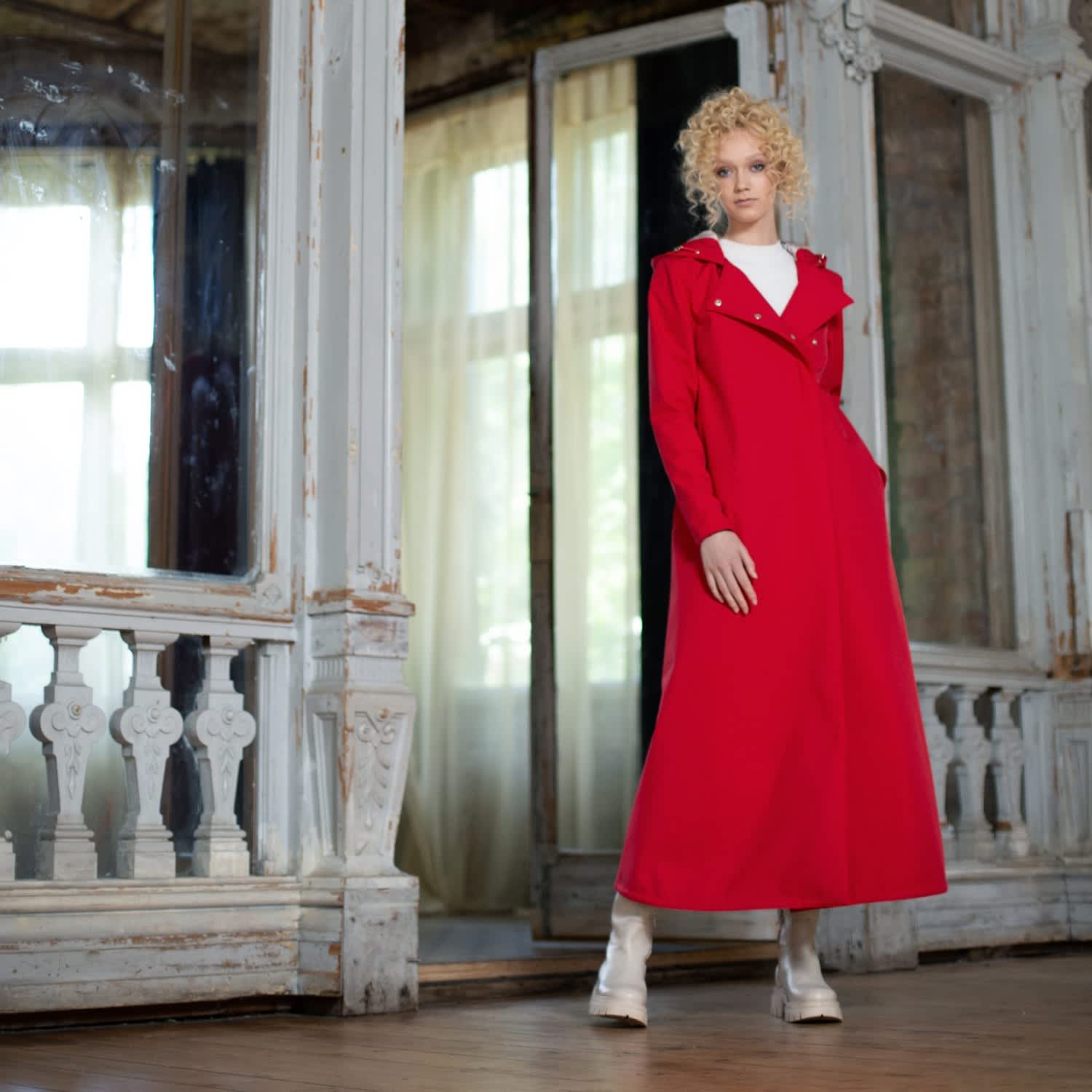 Women's Long Red Waterproof Coat in A-Line Cut: Classic Red | Extra Small