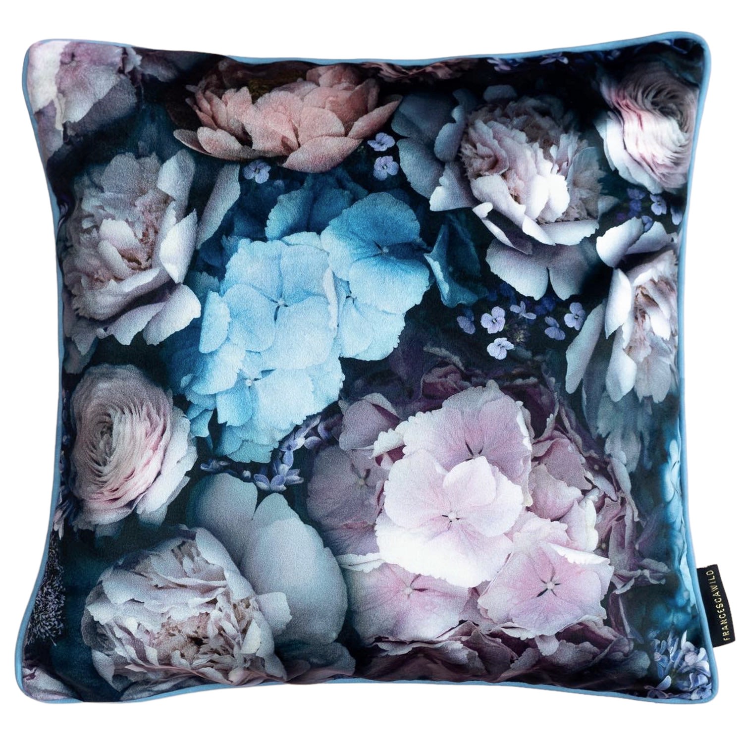 Blue / Black / Pink Dreamy Hydrangea Cushion Francesca Wild