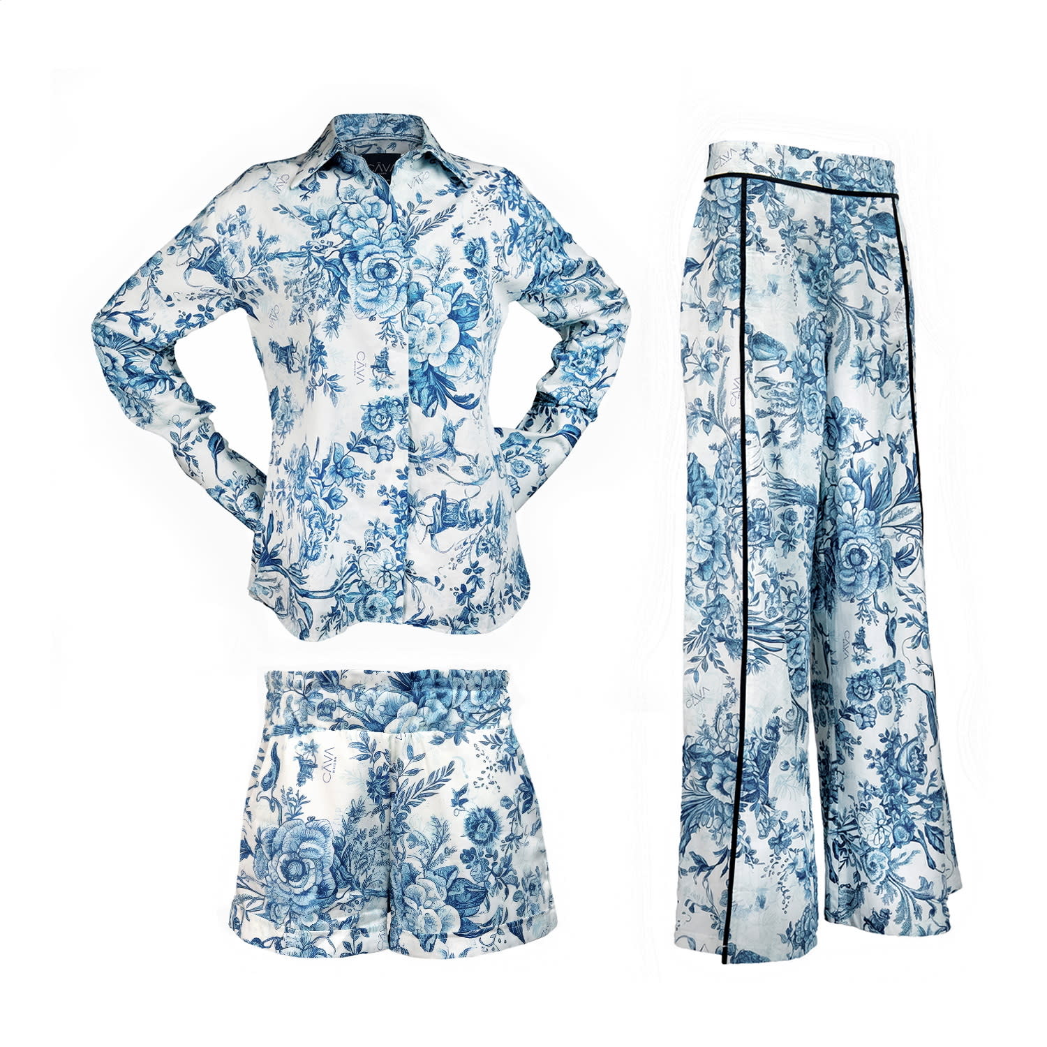 Loreen Label Blue / White Cāva Botanical Garden - Premium Cotton Satin Set Of 3