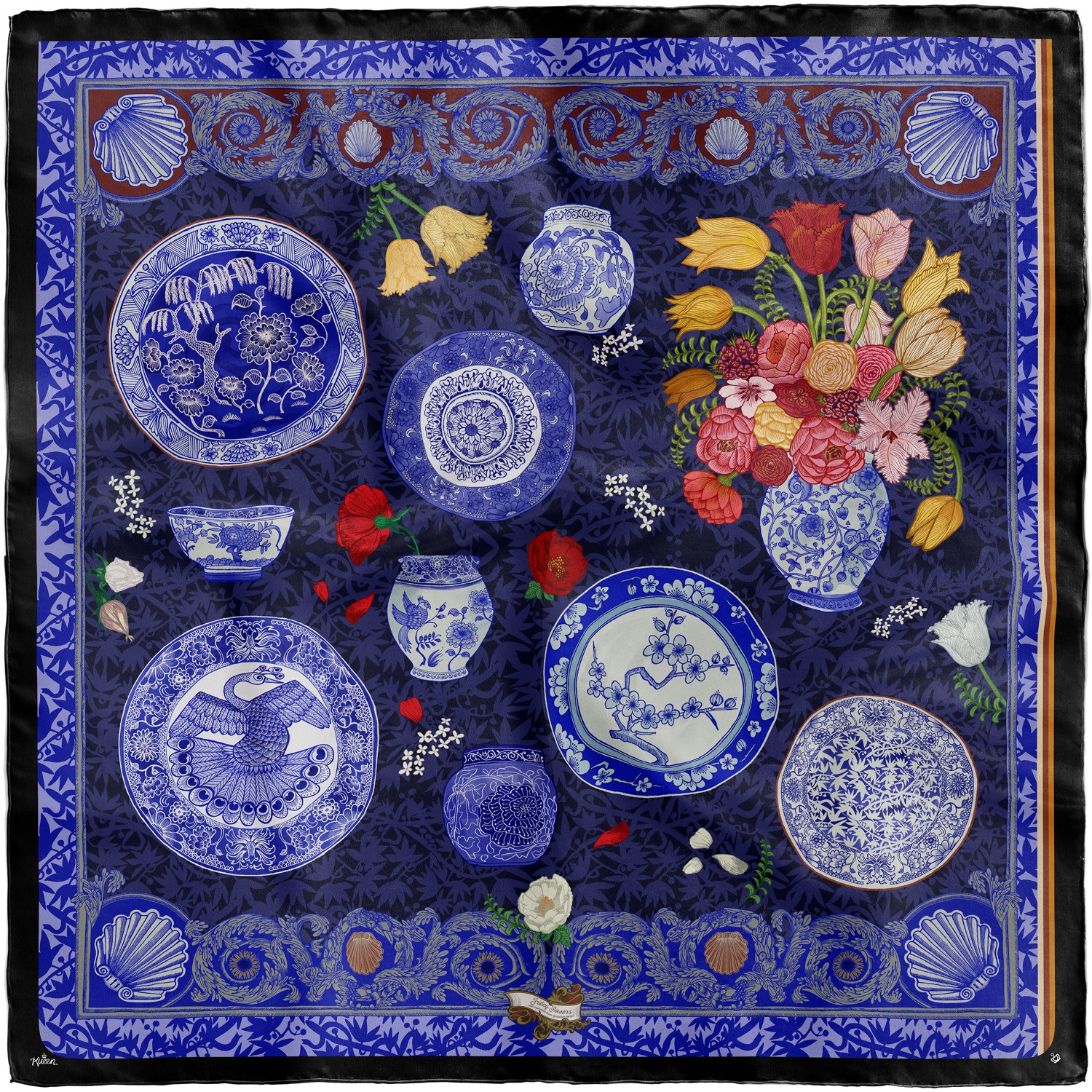 Kueen Women's Black / White / Red Silk Scarf - Porcelain Dreams - Blue