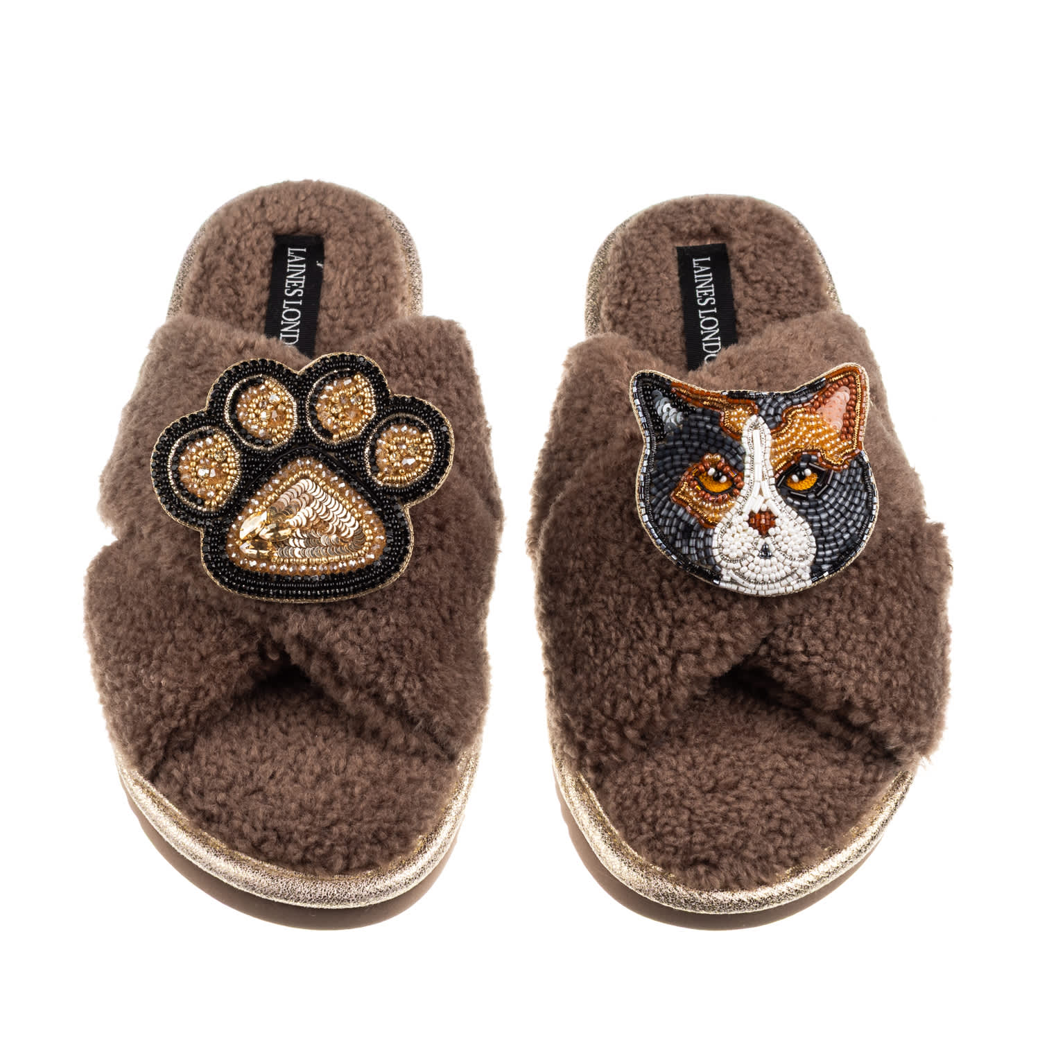Laines London Women's Brown / Neutrals Boucle Slippers With Paw & Calico British Shorthair Cat Brooches - Mink In Brown