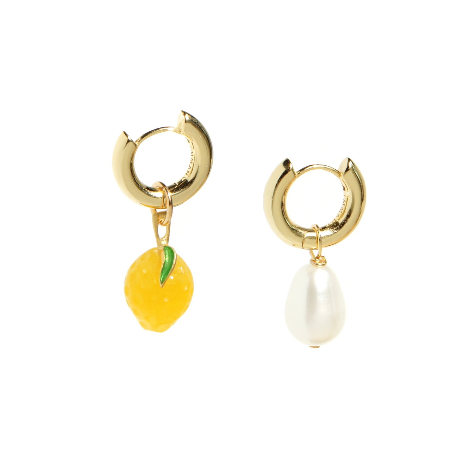 Women’s Yellow / Orange Organic Fruit & Pearl Asymmetrical Hoop Earrings, 18K Gold Vermeil, Jade Lemon I’mmany London