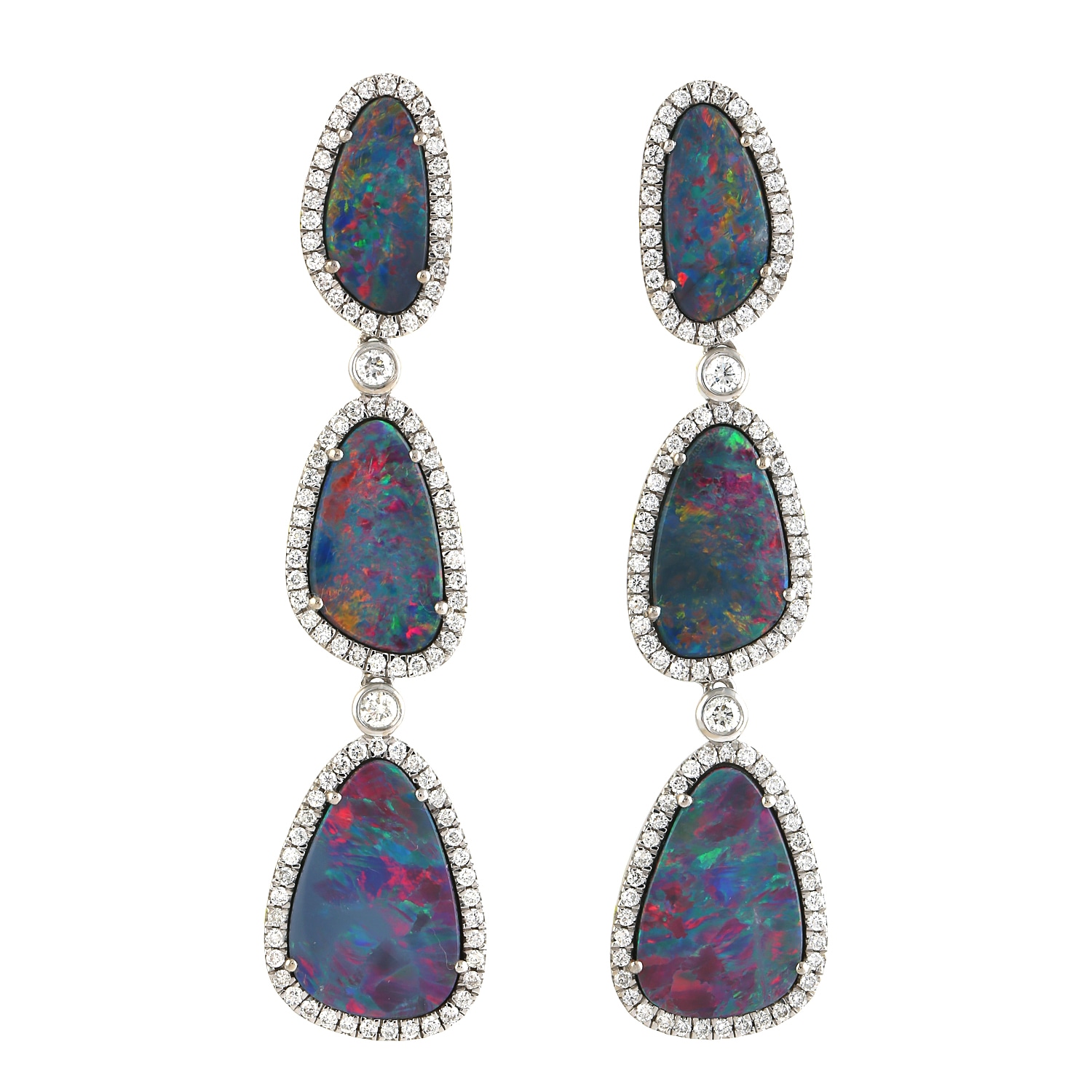 Women’s Blue / White 18K White Gold Opal Doublet Natural Diamond Designer Dangle Earrings Artisan