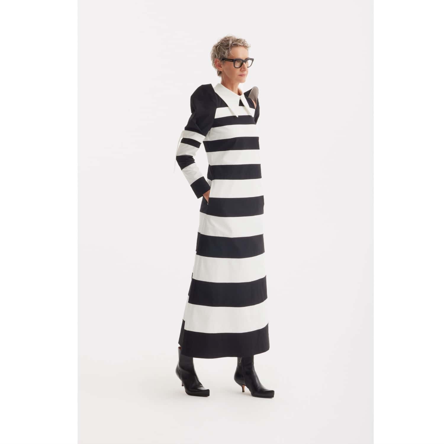 long sleeve dress striped Pomander Place Navy Stripe Gio Maxi Navy / L Perfect for evening events Black & White Striped Long