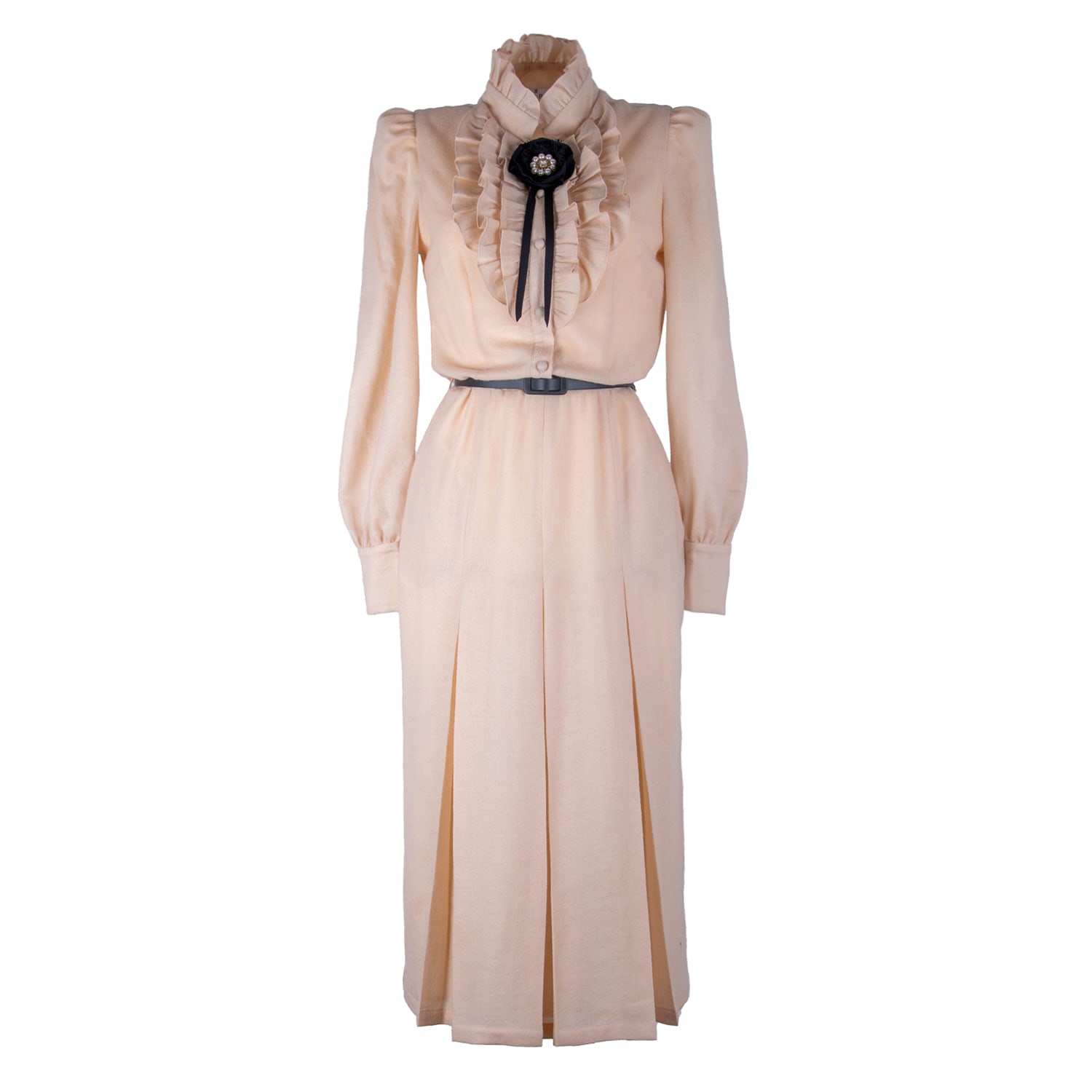 Rua & Rua Women's Neutrals Ruffled Wool Midi Dress With Brooch In Beige