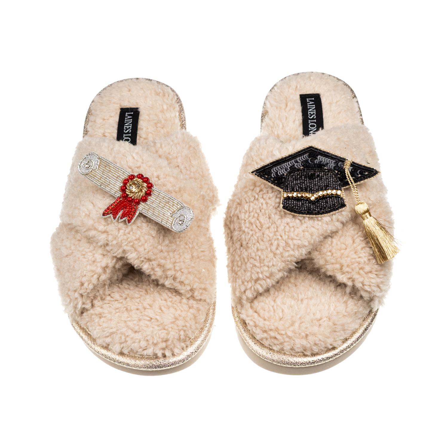 Laines London Women's Brown / Neutrals Laines Neutral Boucle Slippers With Graduation Brooches - Oatmeal