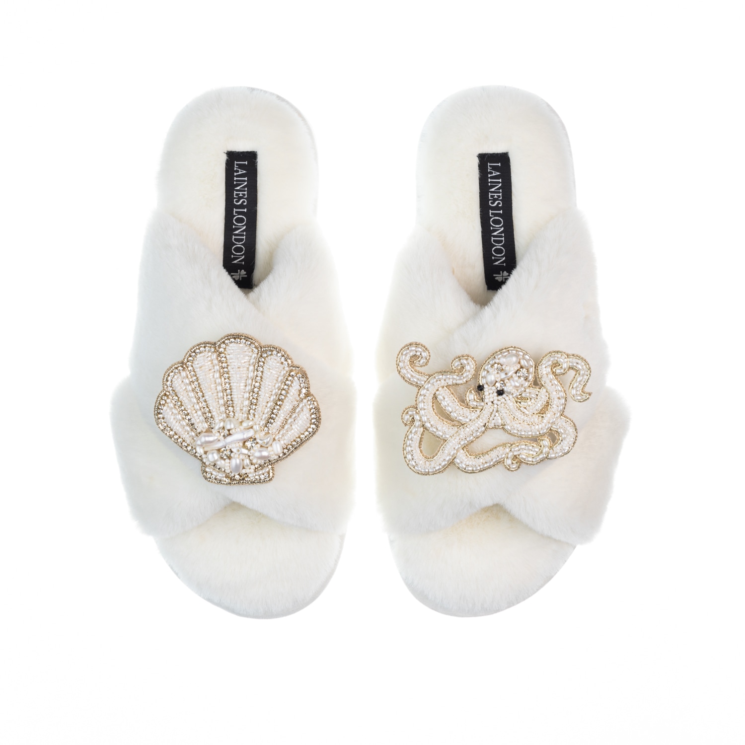 Laines London Women's White Classic Laines Slippers With Pearl Beaded Octopus & Shell Brooches - Cream In White