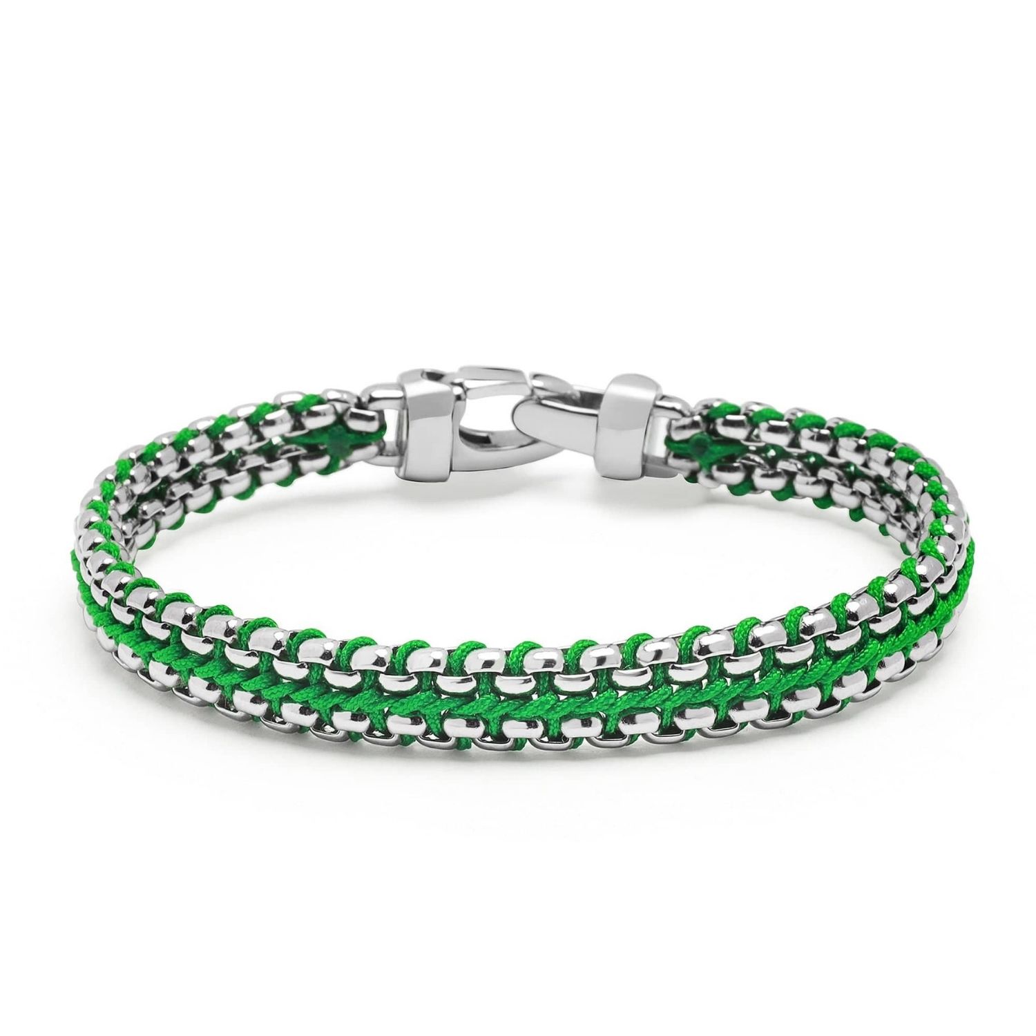 Nialaya Green / Silver Men's Green Woven 8mm Box Chain Bracelet In Silver