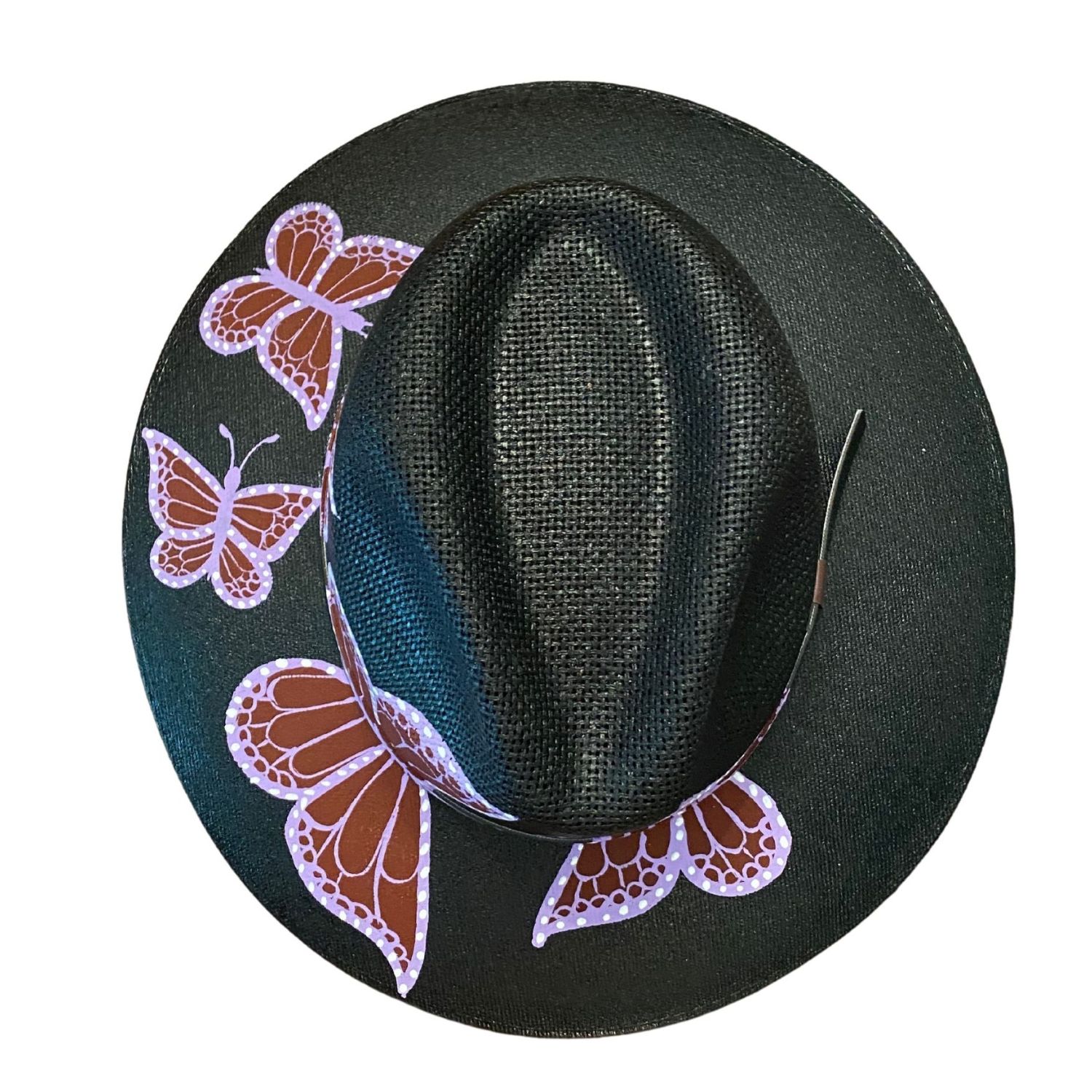 Women’s Black / Pink / Purple Hand-Painted Hat From Mexico- Butterflies - Black, Purple Medium Larkin Lane