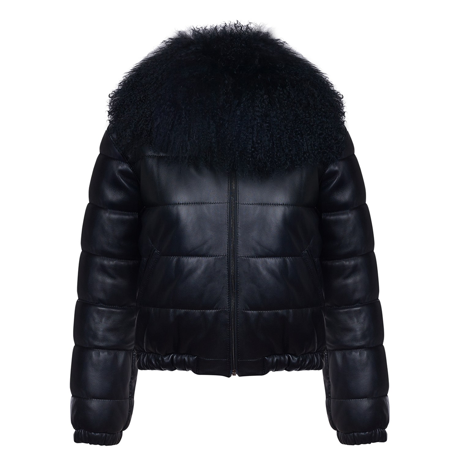 A&a Vesa Women's Leather Jacket With Detachable Mongolian Lamb Collar - Black In Blue