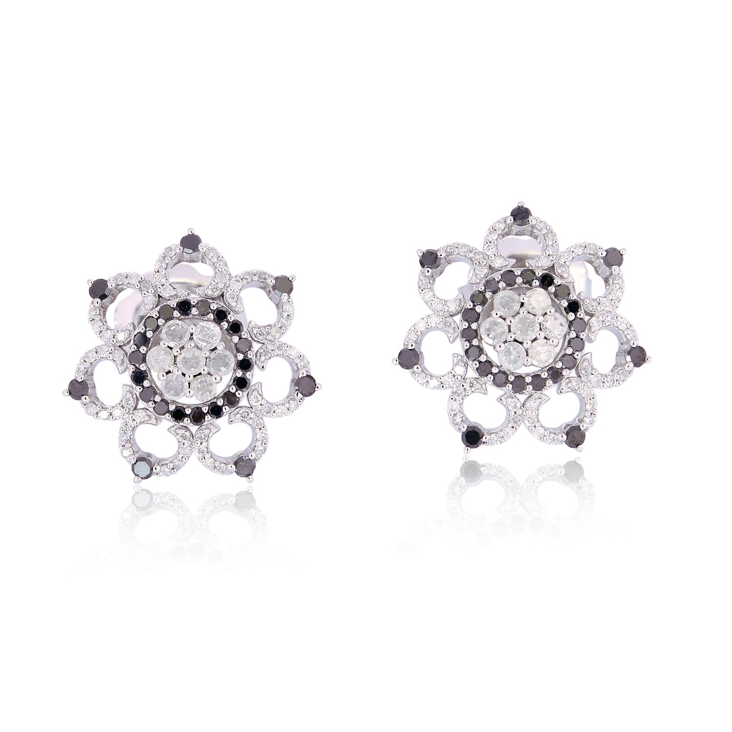 Artisan Women's White / Black Pave Diamond Flower Earrings In White Gold – Black & White Diamond Studs In Multi