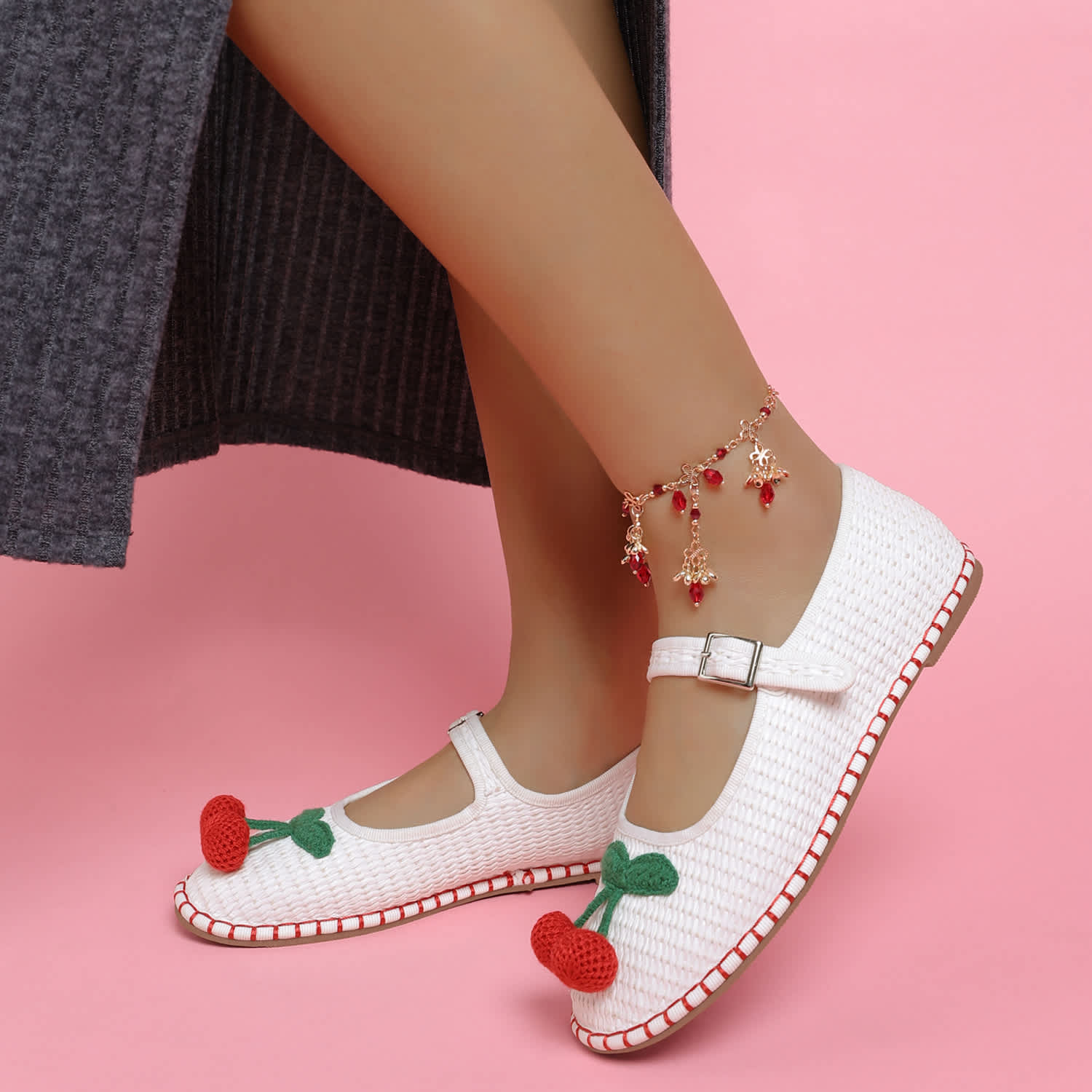 Brunch Date Cherry Accent Mary Jane Flats In White By Rag & Co